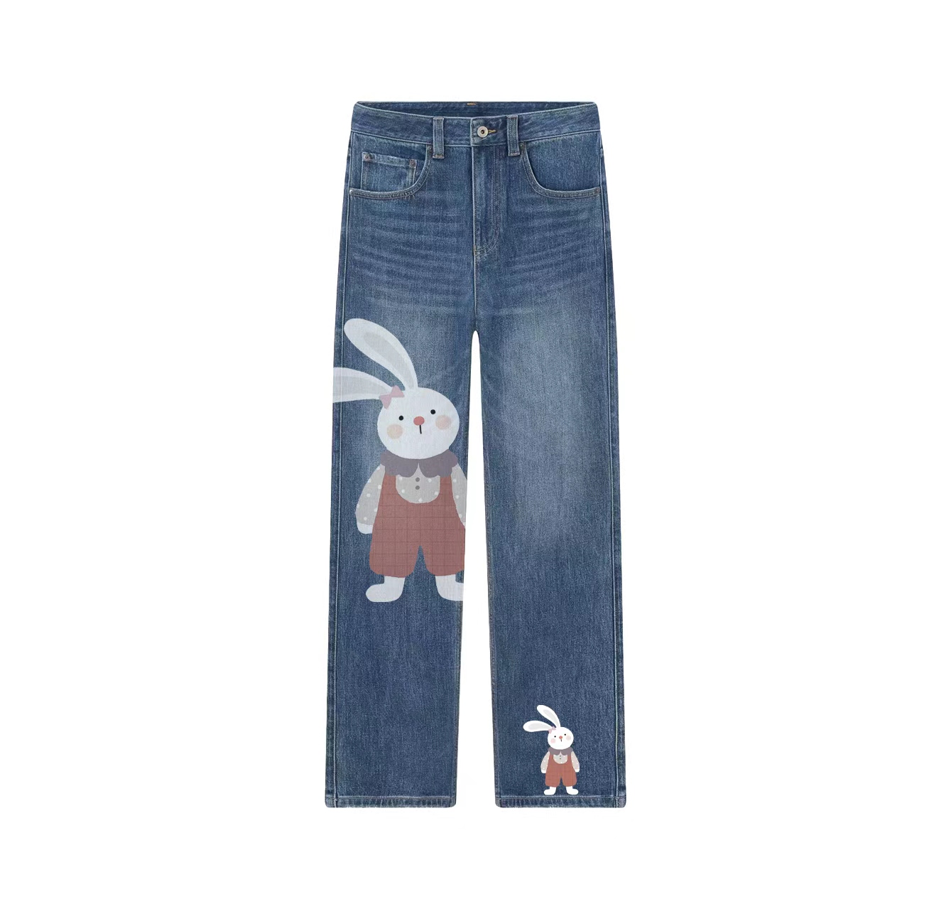 A pair of jeans with a cute bunny print—a wardrobe essential.