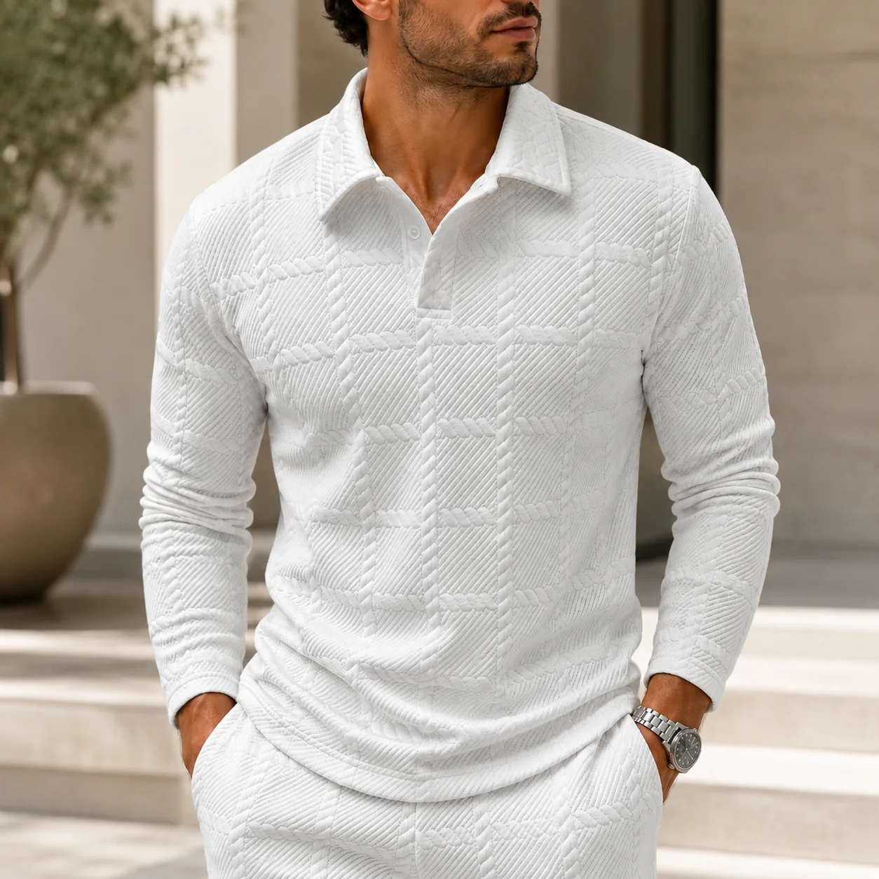 Mivanity Men's Premium Textured Knit Polo Sweater Long Sleeve Casual Collared Pullover Shirt