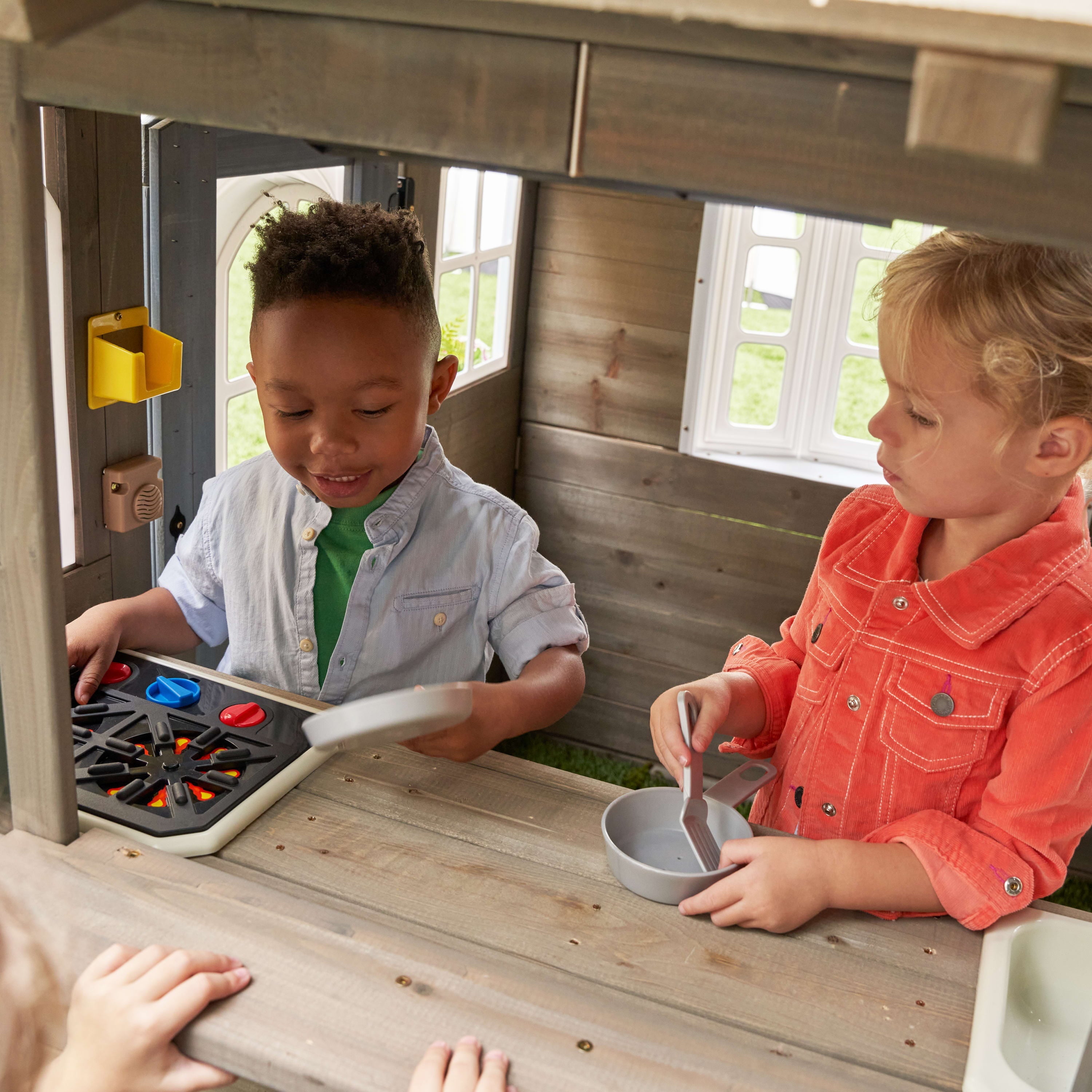 KidKraft Forestview II Wooden Outdoor Playhouse with Ringing Doorbell, Bench and Kitchen