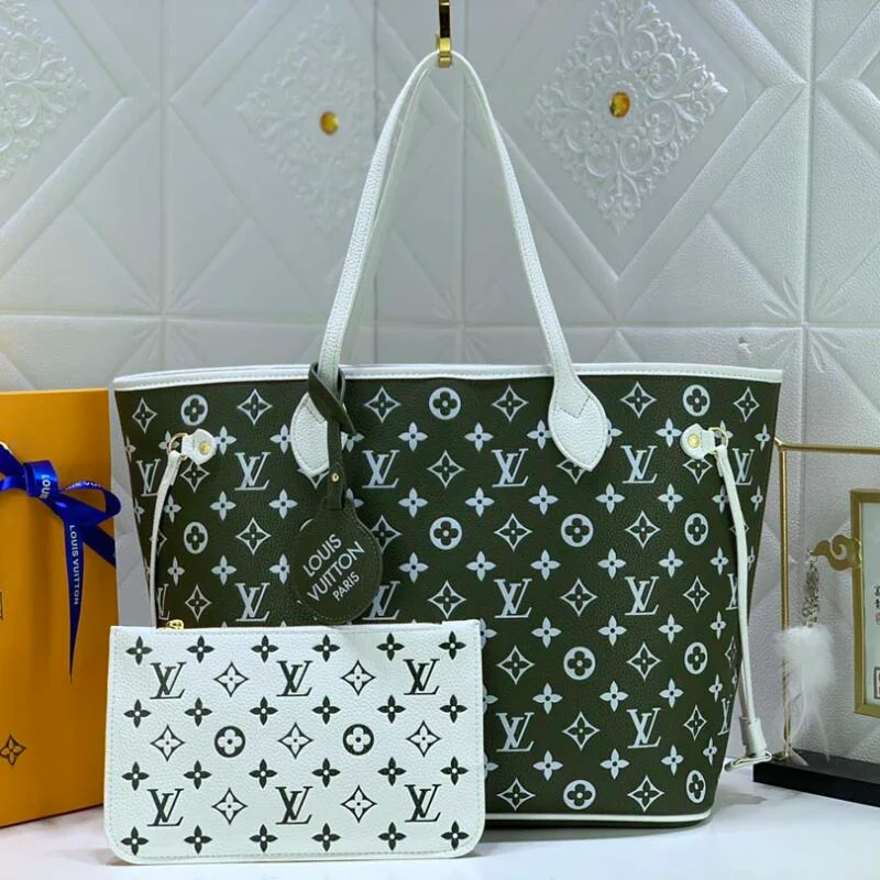 Louis Vuitton Neverfull Mm Tote Bag- Green&Beige