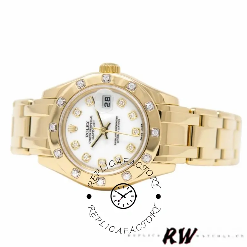 Rolex Pearlmaster 80318 Yellow Gold White Dial 29MM Lady Replica Watch