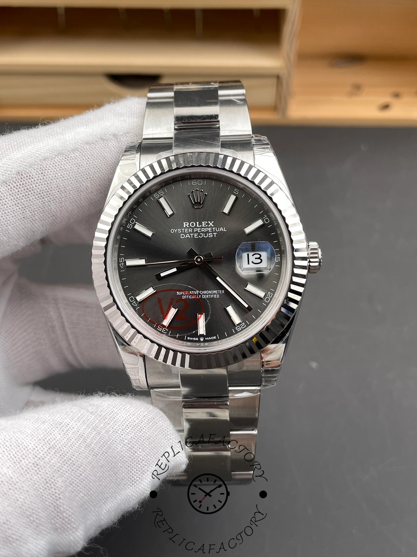 Rolex Datejust 41 White Gold Fluted Bezel Slate Dial Oyster M126334 0013 Men's Watch