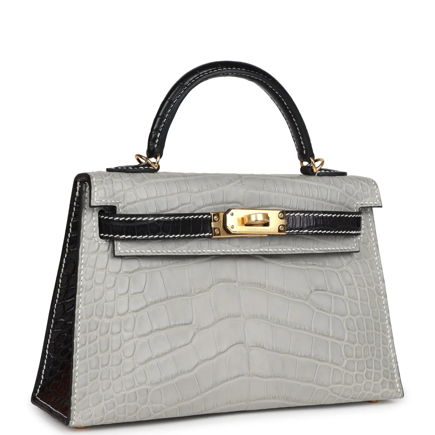 Hermes Special Order (HSS) Kelly Sellier 20 Gris Perle and Black Matte Alligator Gold Hardware