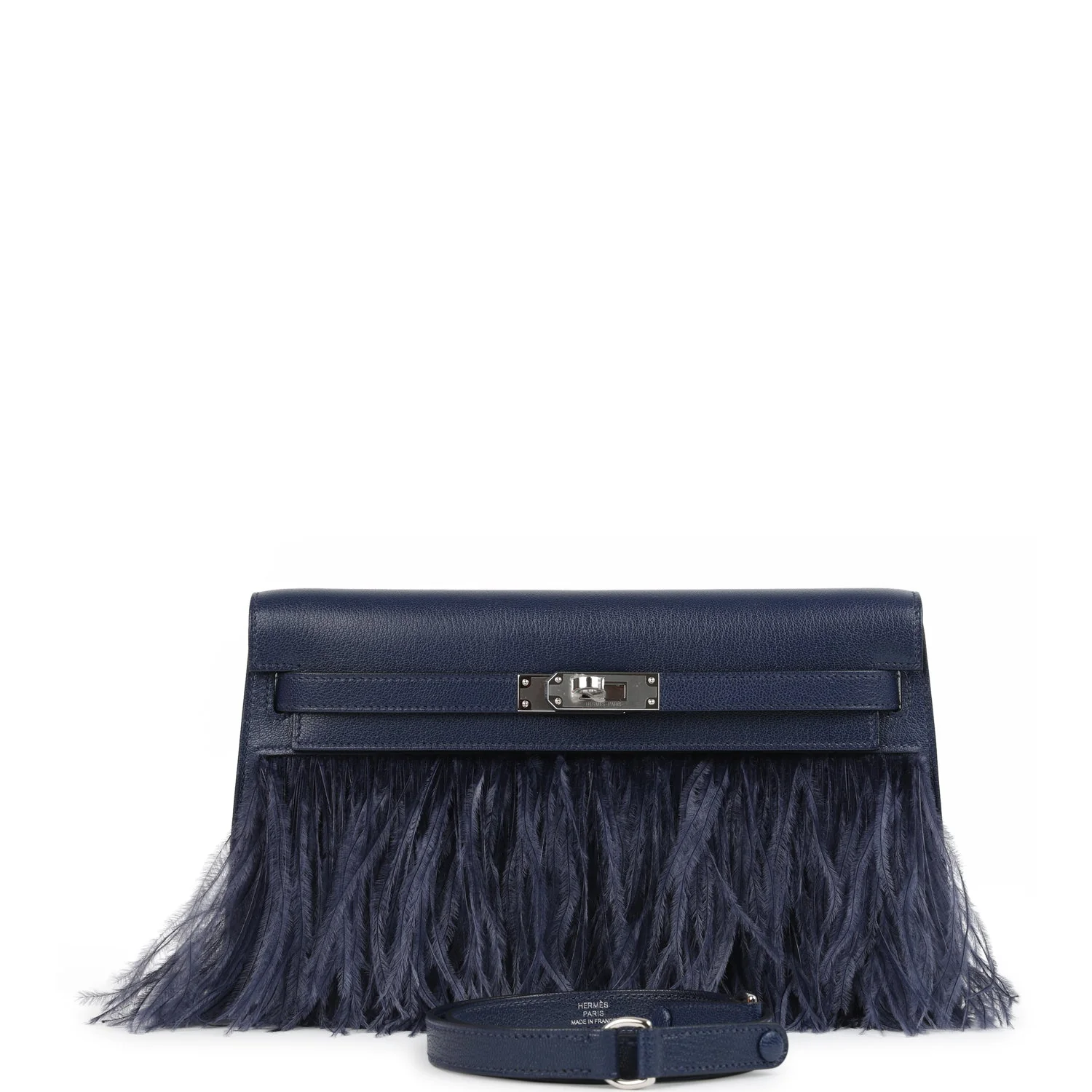 Hermes Kelly Elan Foile Bleu Saphir Chevre Chamkila and Ostrich Feathers Palladium Hardware