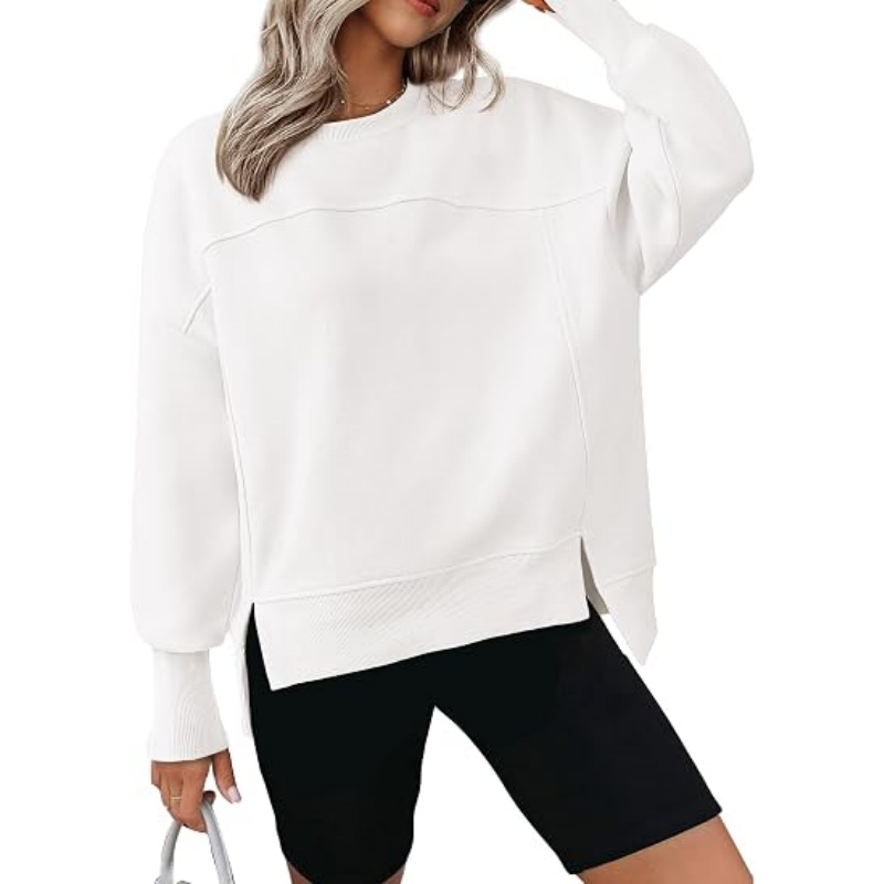 Women's Crewneck Sweatshirt, Fleece Long Sleeve Side Slit Pullover