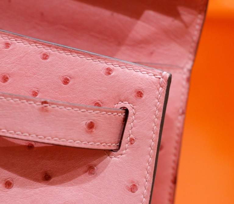 Hermes (Love Hermes) Kelly bag - Ceramic powder - South African ostrich leather - Fully hand-sewn - Gold buckle - 28cm