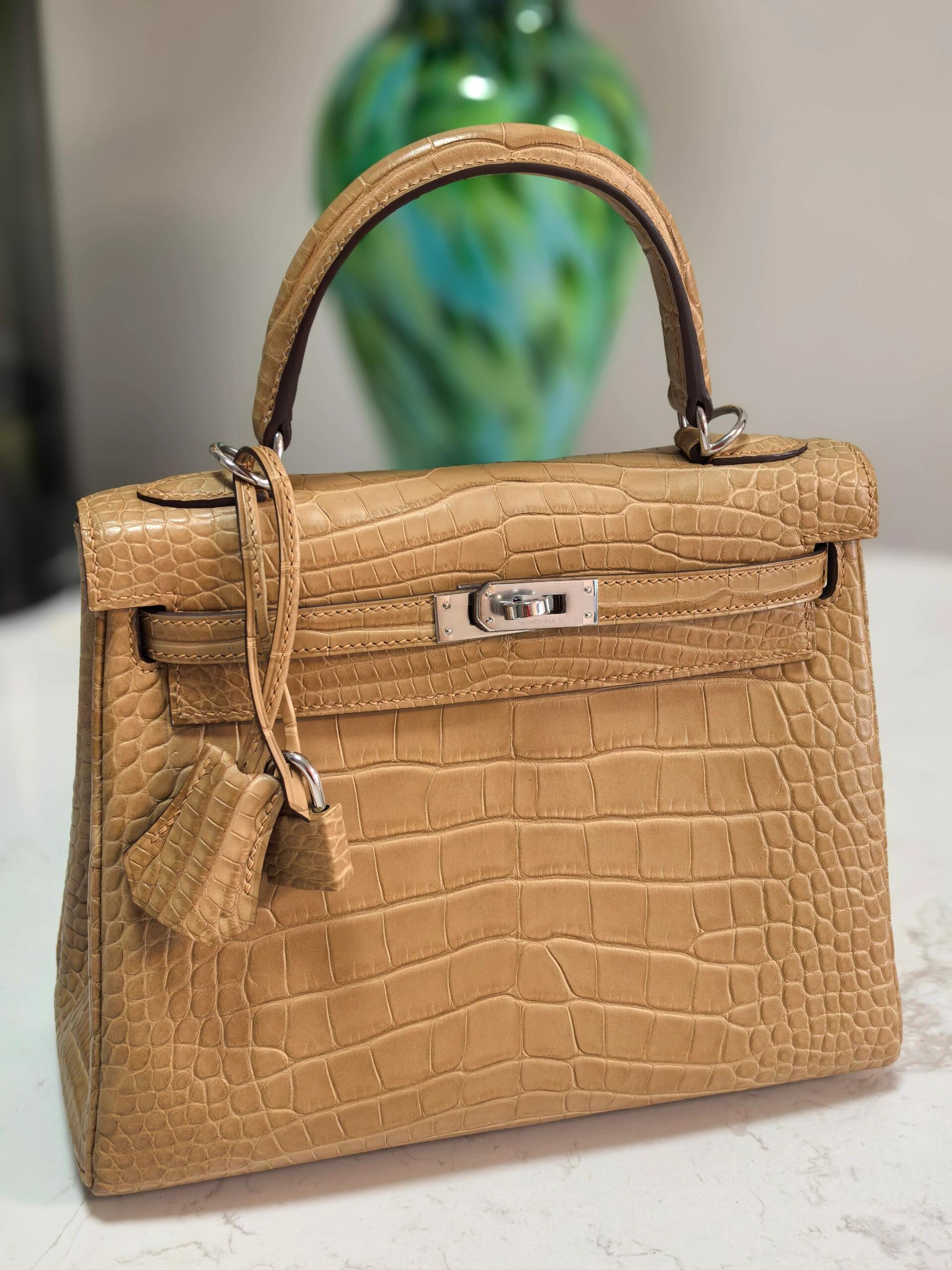 Kelly25. Milk tea color, silver buckle, American alligator