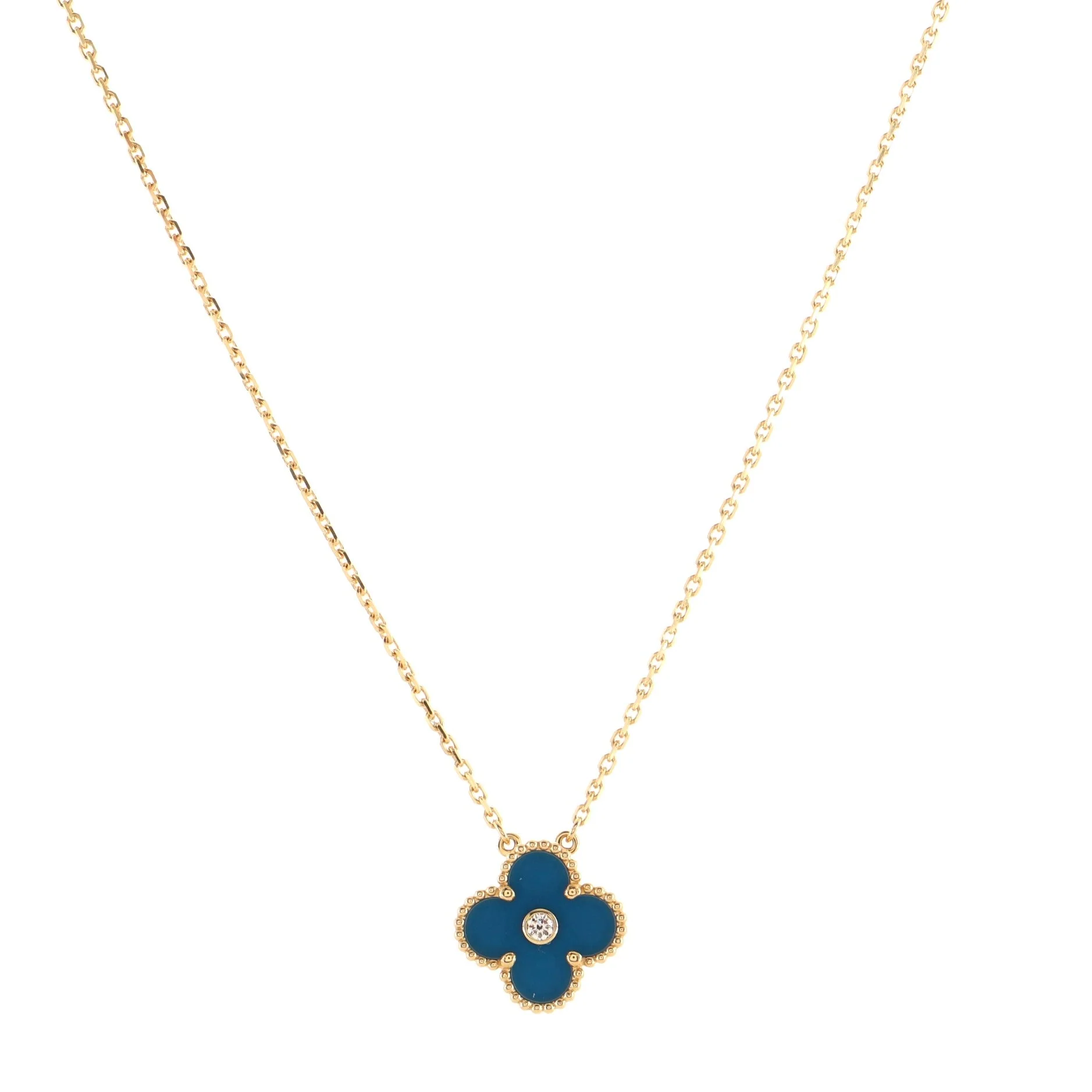 Vintage Alhambra Pendant Necklace 18K Yellow Gold and Sevres Porcelain with Diamond