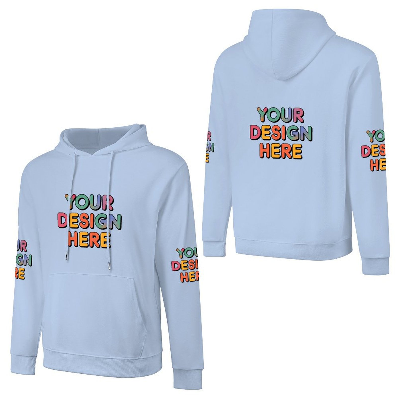 Customized Men’s Fashionable Hooded Sweater with Front, Back, and Sleeve Prints