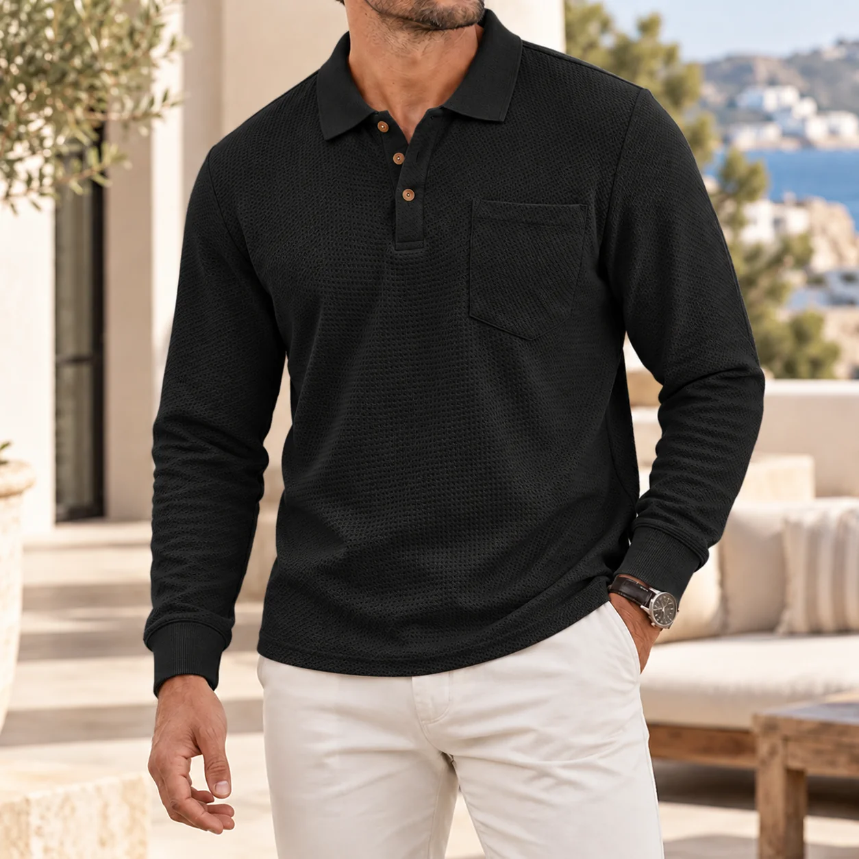 Mivanity Men's Premium Textured Polo Shirt Long Sleeve Casual Chest Pocket Top