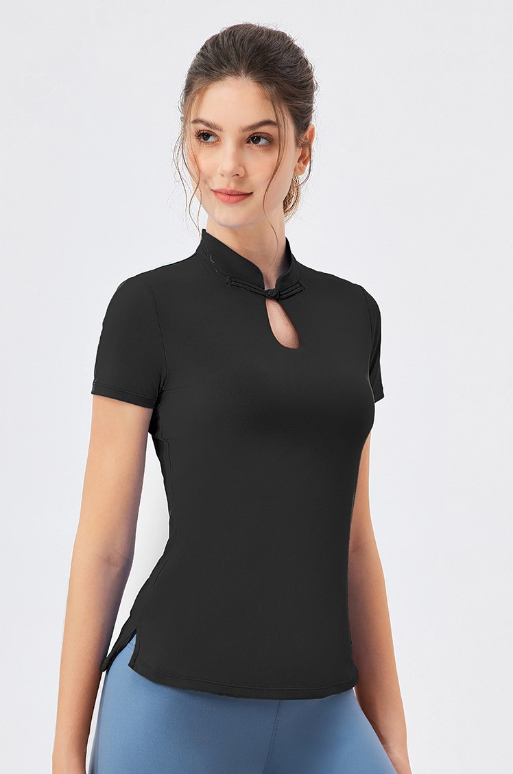 Women's Summer New Chinese Style Nude Yoga Short-Sleeve T-Shirt with Bra Pads, Traditional Chinese Style Button, Tight-Fitting, Breathable Fitness T-Shirt Sports Top