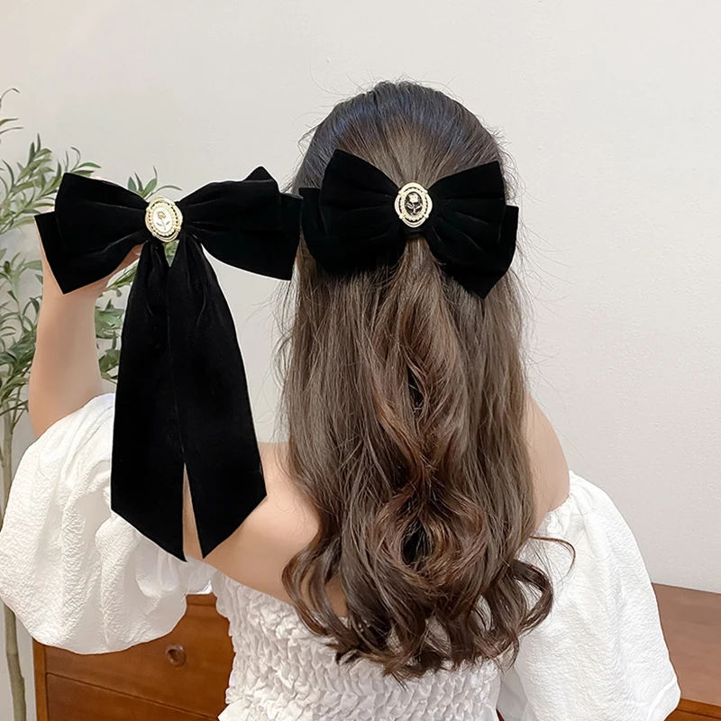 Women Big Bow Hairpin New Black Velvet Bowknot Hair Clips for Girls Korean Ponytail Hair Accessories