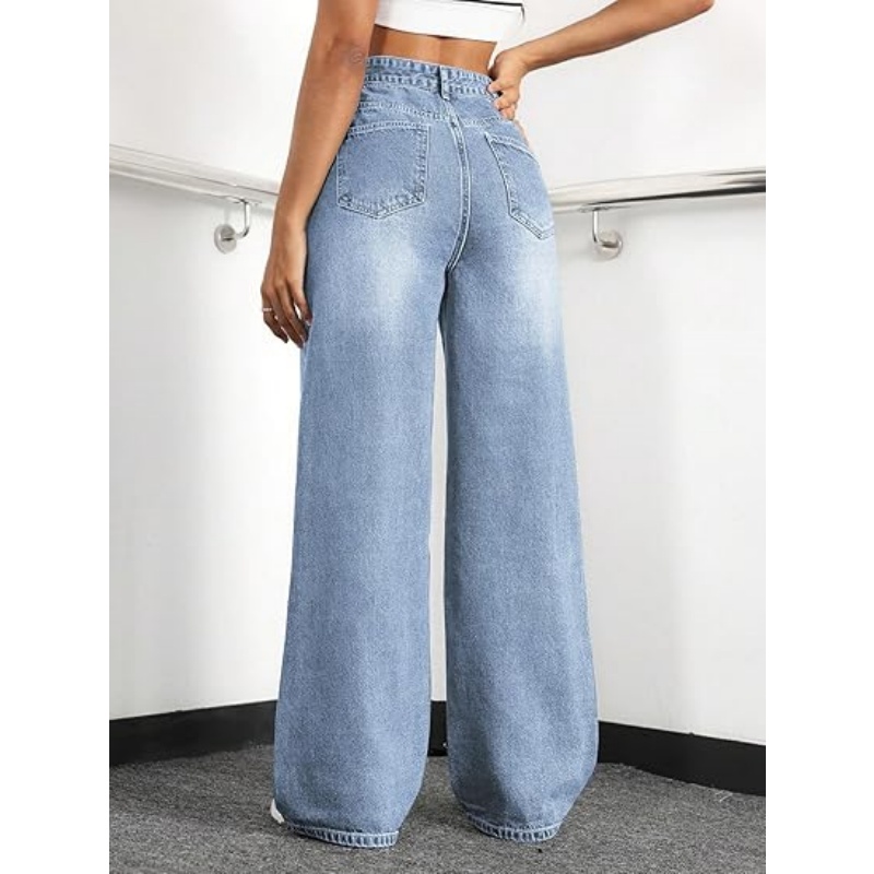 Women's High Waisted Stretchy Straight Leg Jeans, Loose Baggy Boyfriend Wide Leg Denim Pants