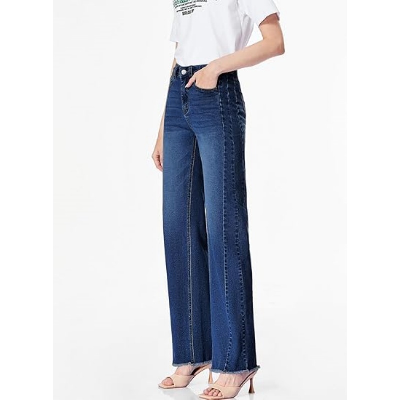 Women's High Waisted Stretchy Wide Leg Jeans, Raw Hem Denim Pants