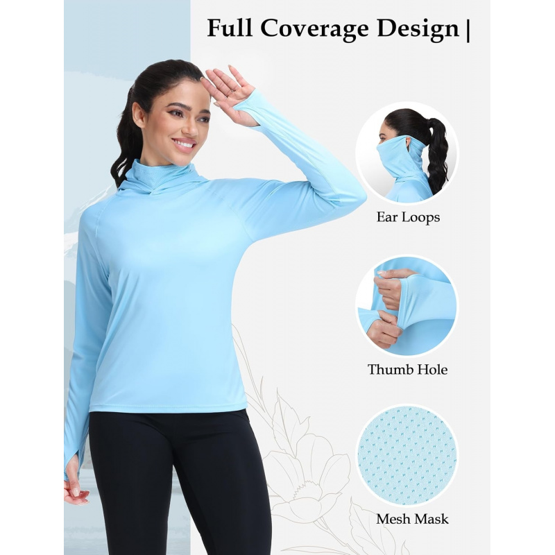 AURETOP Women's Sun Protection Hoodie UPF 50+ Hiking Fishing Shirt, Long Sleeve UV Rash Guard with Face Mask Lightweight