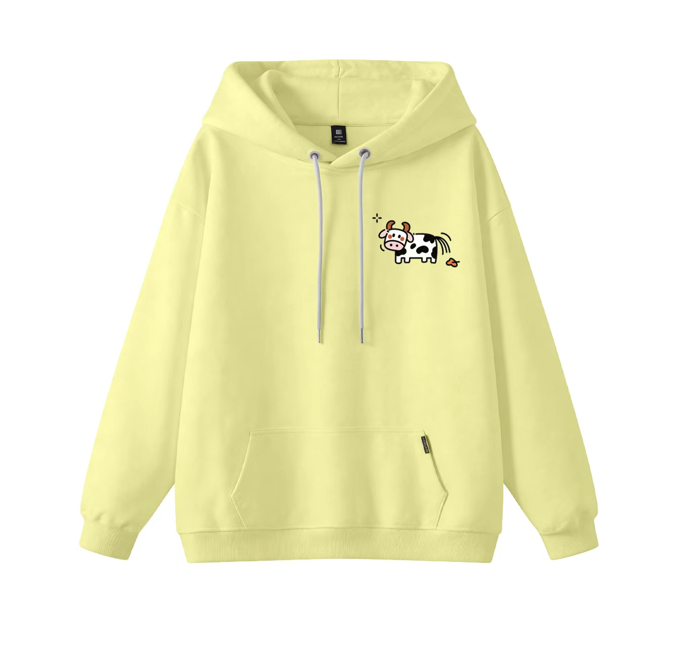 This adorable yellow hooded sweatshirt features a cow print and is a casual pullover style. Its stand-up collar design also makes it perfect for winter wear.