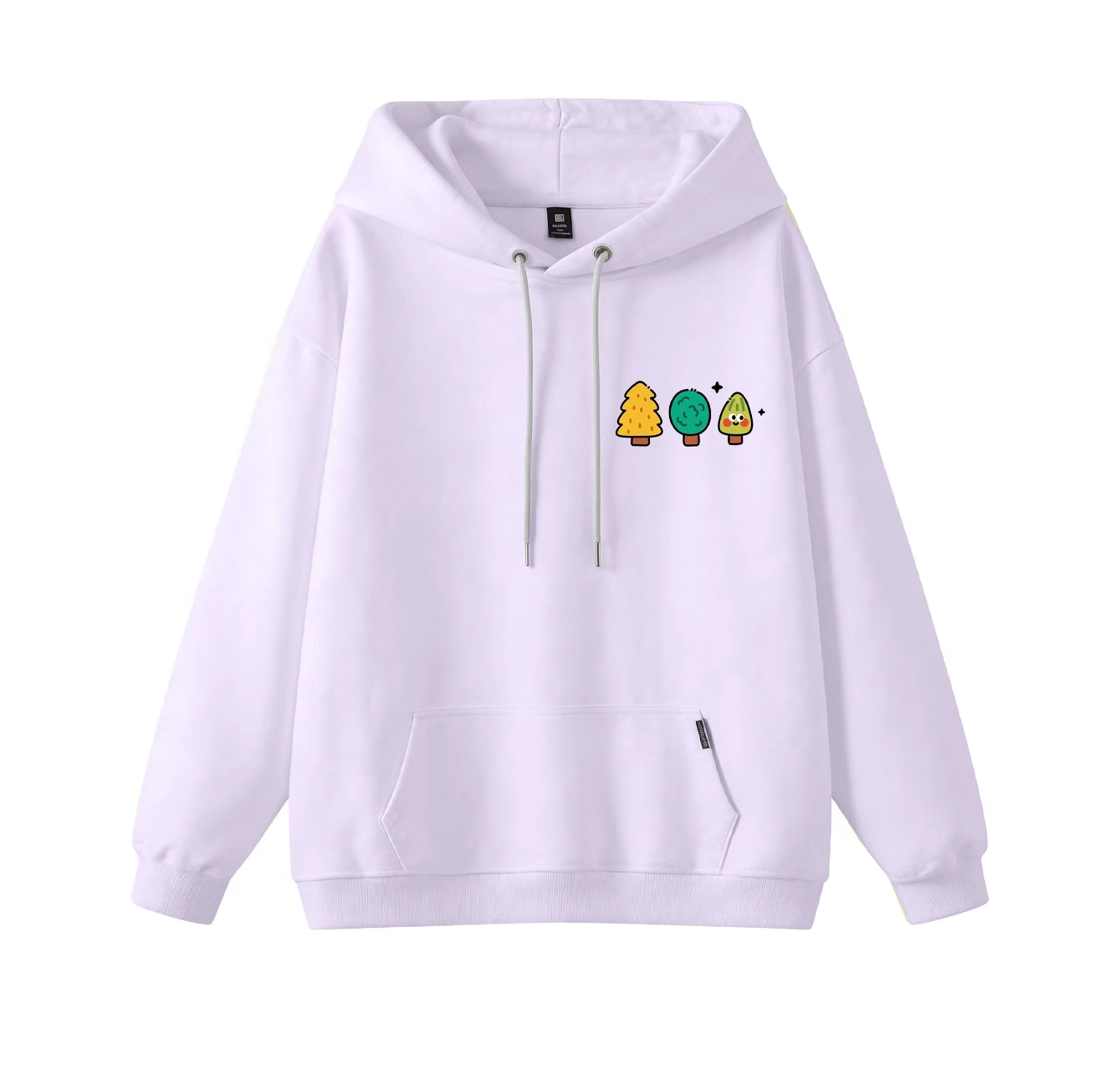 This adorable hooded sweatshirt features a three-tree print and is a casual pullover. Its stand-up collar also makes it an ideal choice for winter wear.