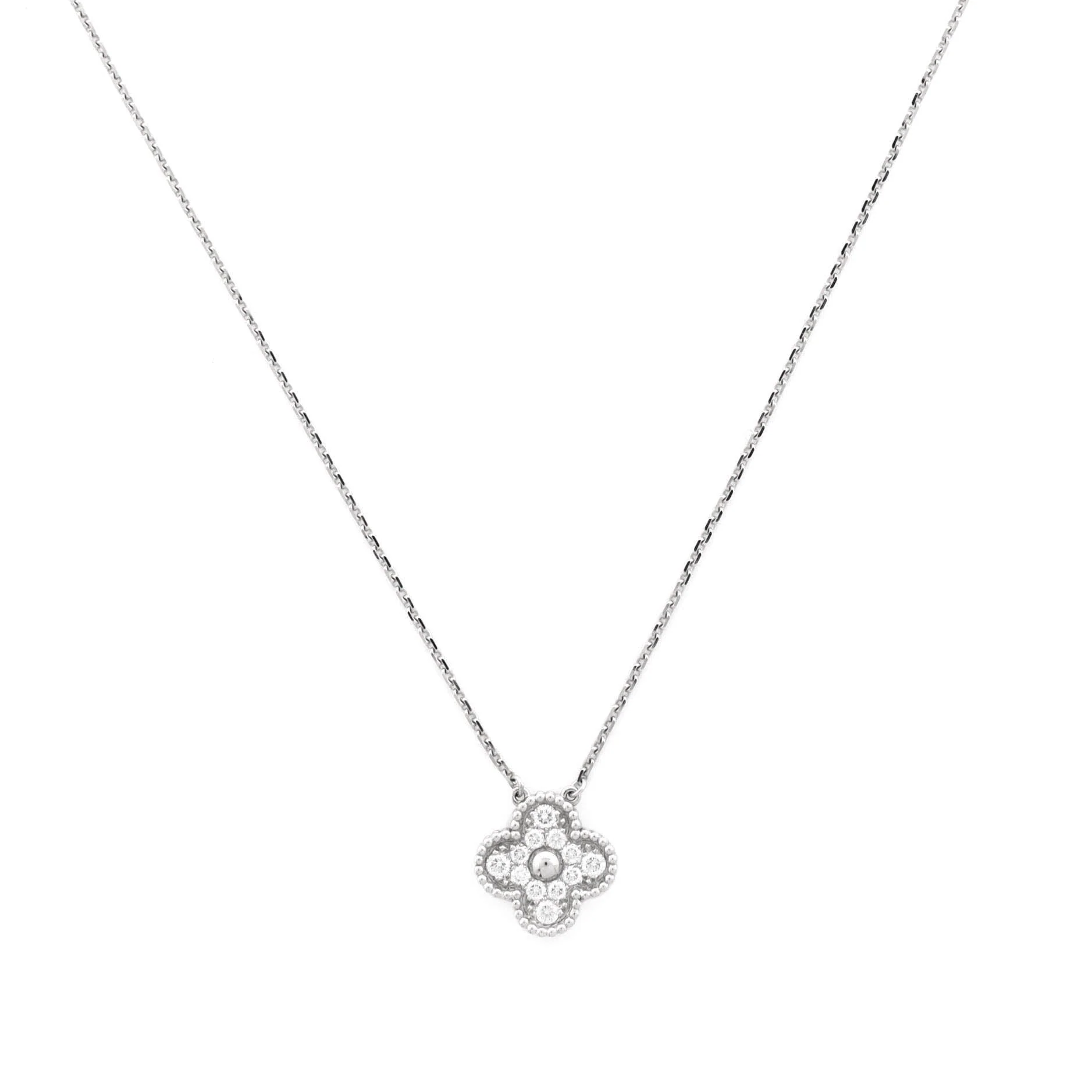 Vintage Alhambra Pendant Necklace 18K White Gold and Diamonds