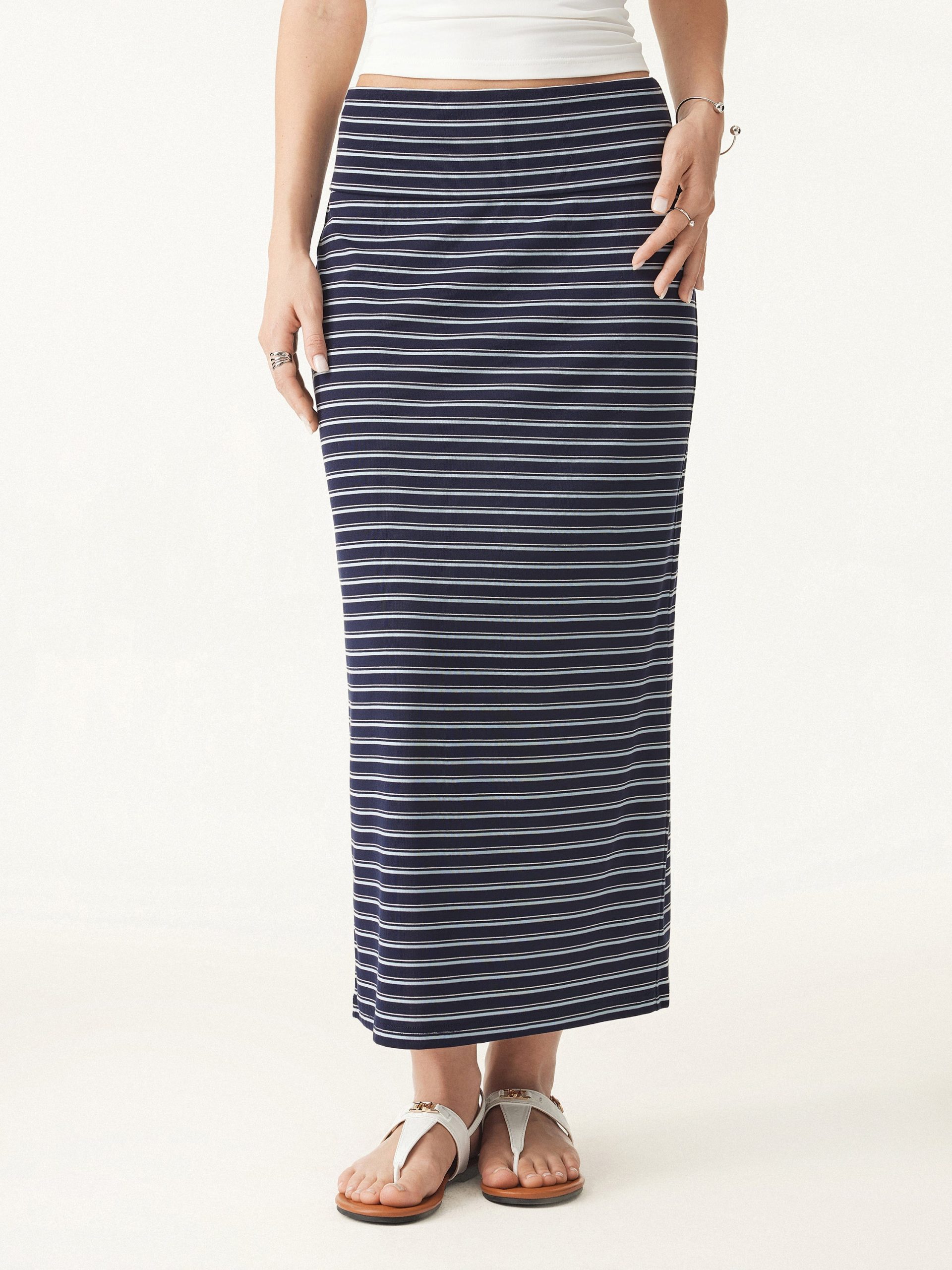 Low Rise Folded Waist Striped Midi Skirt