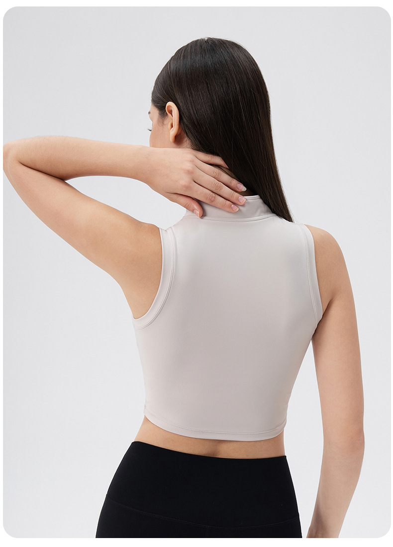 Sleeveless stand-up collar slimming yoga vest with front zipper, tight-fitting sports top with breast pads, running and fitness vest for women.