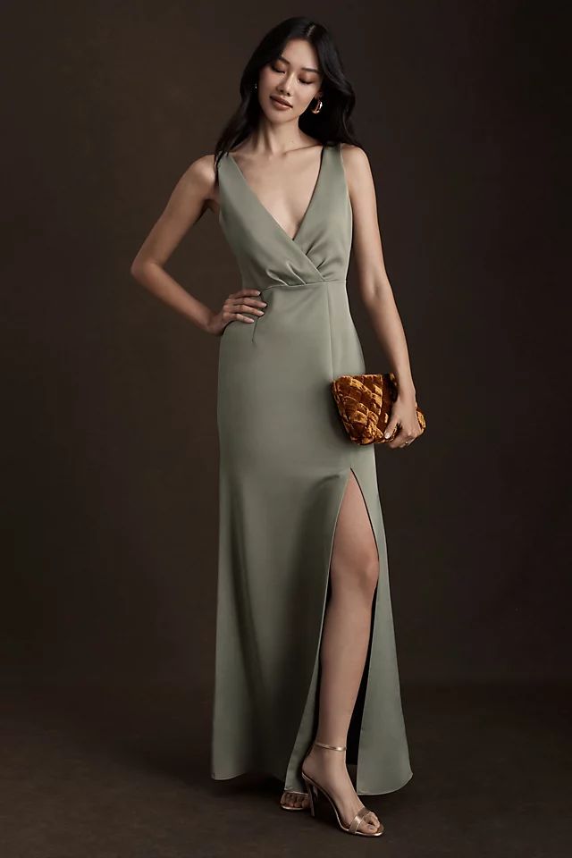 Piper V-Neck Side-Slit Satin Gown MOSS
