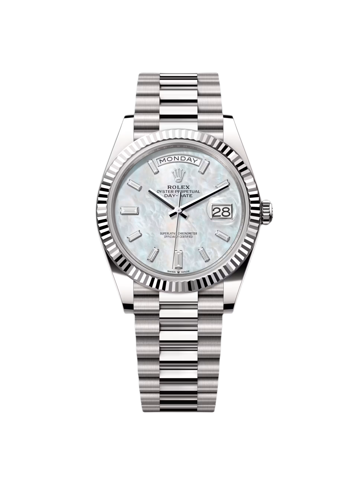 【Super Clone】RLX  Day-Date "President" 40mm White Gold Mother of Pearl Diamond Baguette Dial - 228239