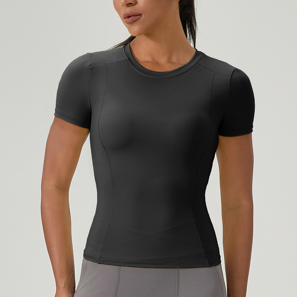 Women's European and American style running yoga short-sleeved bare-skin quick-drying sports top round neck tight fitness T-shirt