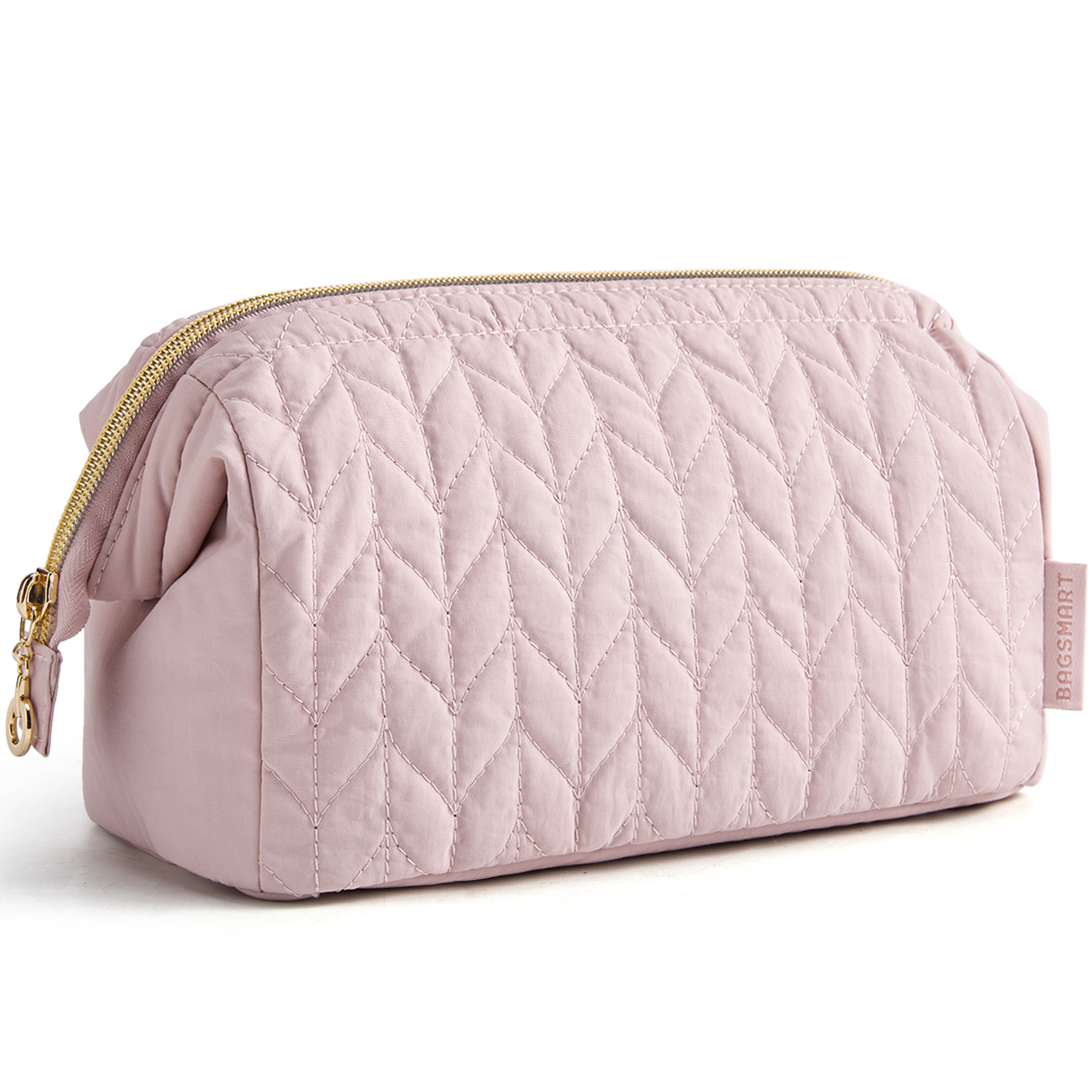 BAGSMART Wide-open Makeup Bag Cosmetic Pouch Organizer Travel Toiletry Bag Essentials Accessories for Women Girls, Leaf Quilted - Pink