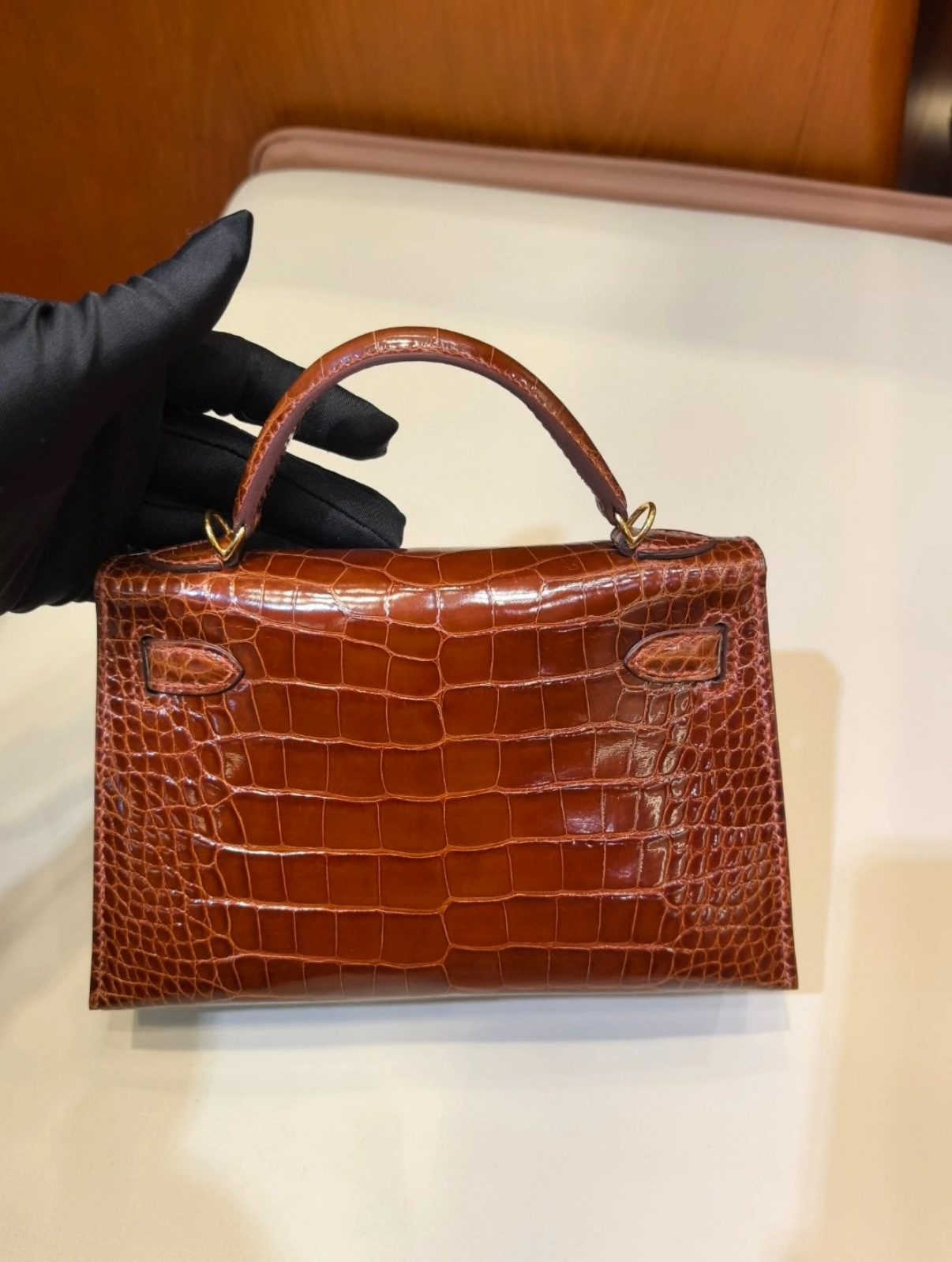 Hermès Kelly Mini Honey Brown Gold Buckle Crocodile Leather Custom