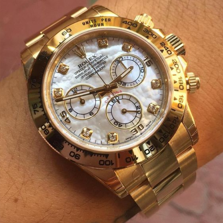 Rolex Daytona Yellow Gold Mother of Pearl Diamond Dial Mens Watch 116528 Box Card