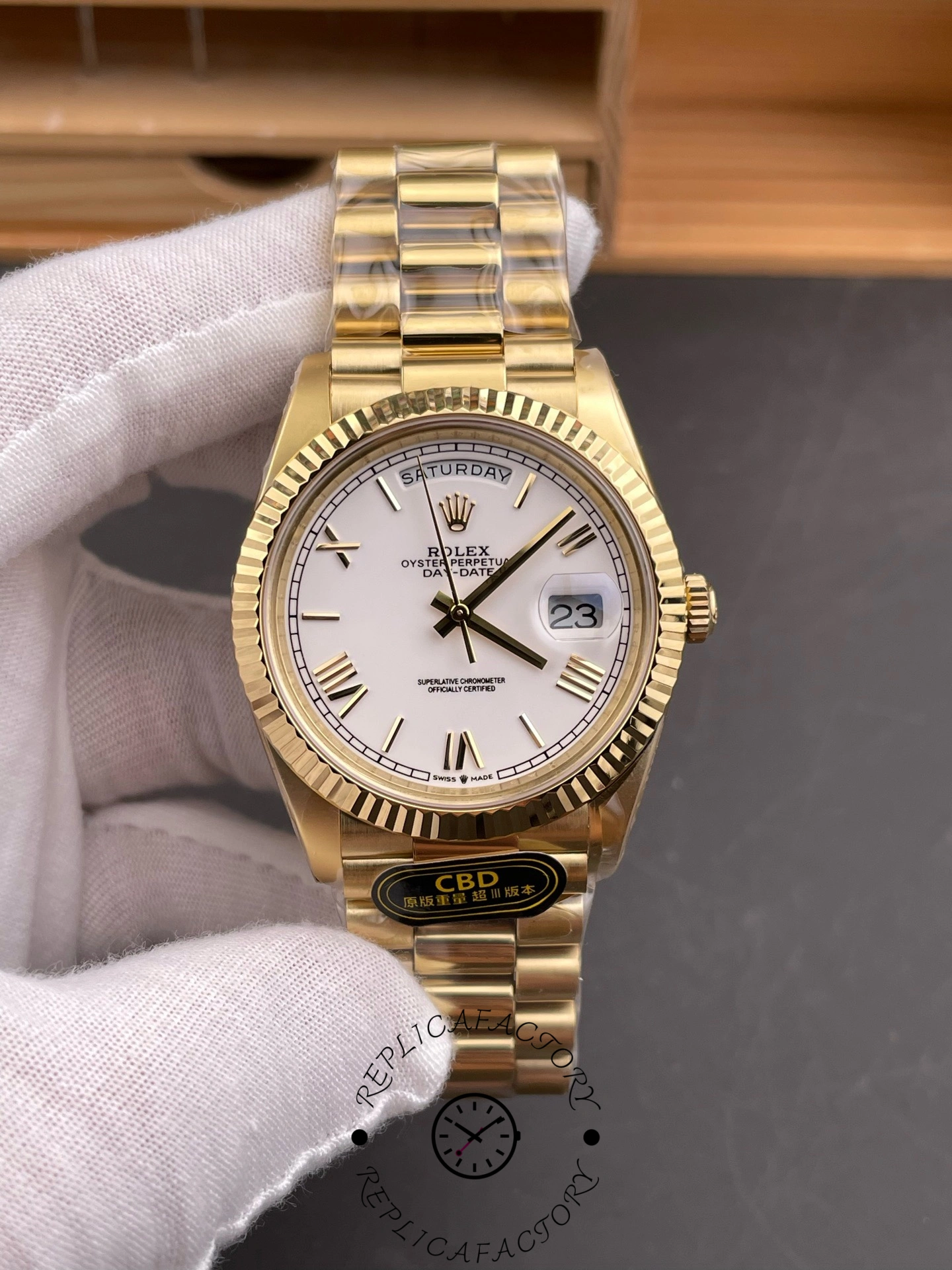 Rolex Day-Date 228238 White Roman Dial Fluted Bezel 40mm Mens Replica Watch
