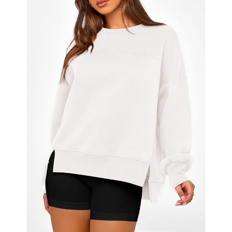 Women's Crewneck Sweatshirt, Fleece Long Sleeve Side Slit Pullover