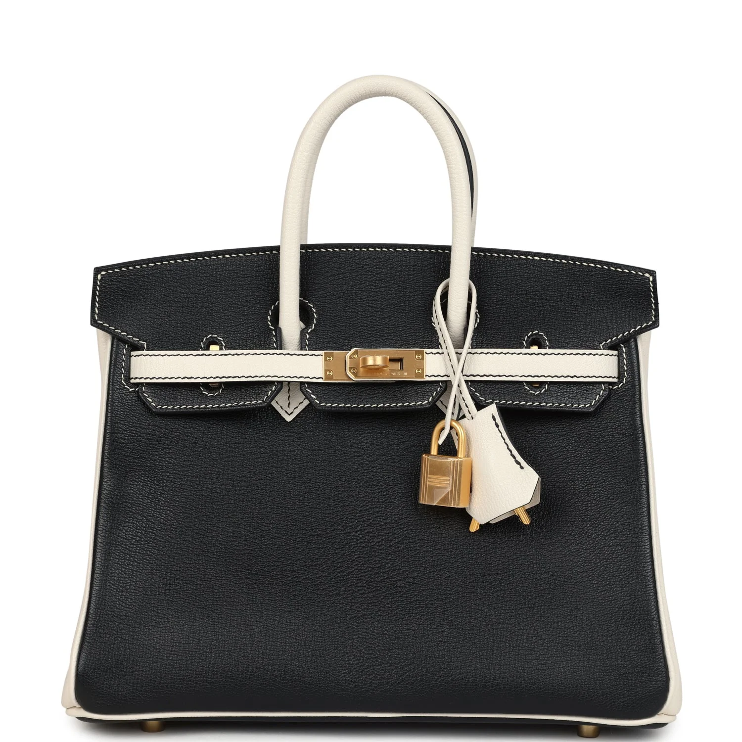 Hermes Special Order (HSS) Birkin 25 Bi-Color Black and Nata Chevre Mysore Brushed Gold Hardware