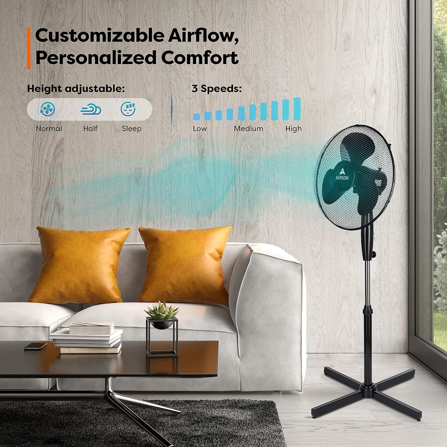 TRESKO AERSON Standventilator 40cm | Ventilator höhenverstellbar bis 120cm | Standlüfter hoher Luftdurchsatz und sehr leise | Windmaschine mit 3 Geschwindigkeitsstufen & Oszillationsfunktion ca. 80°