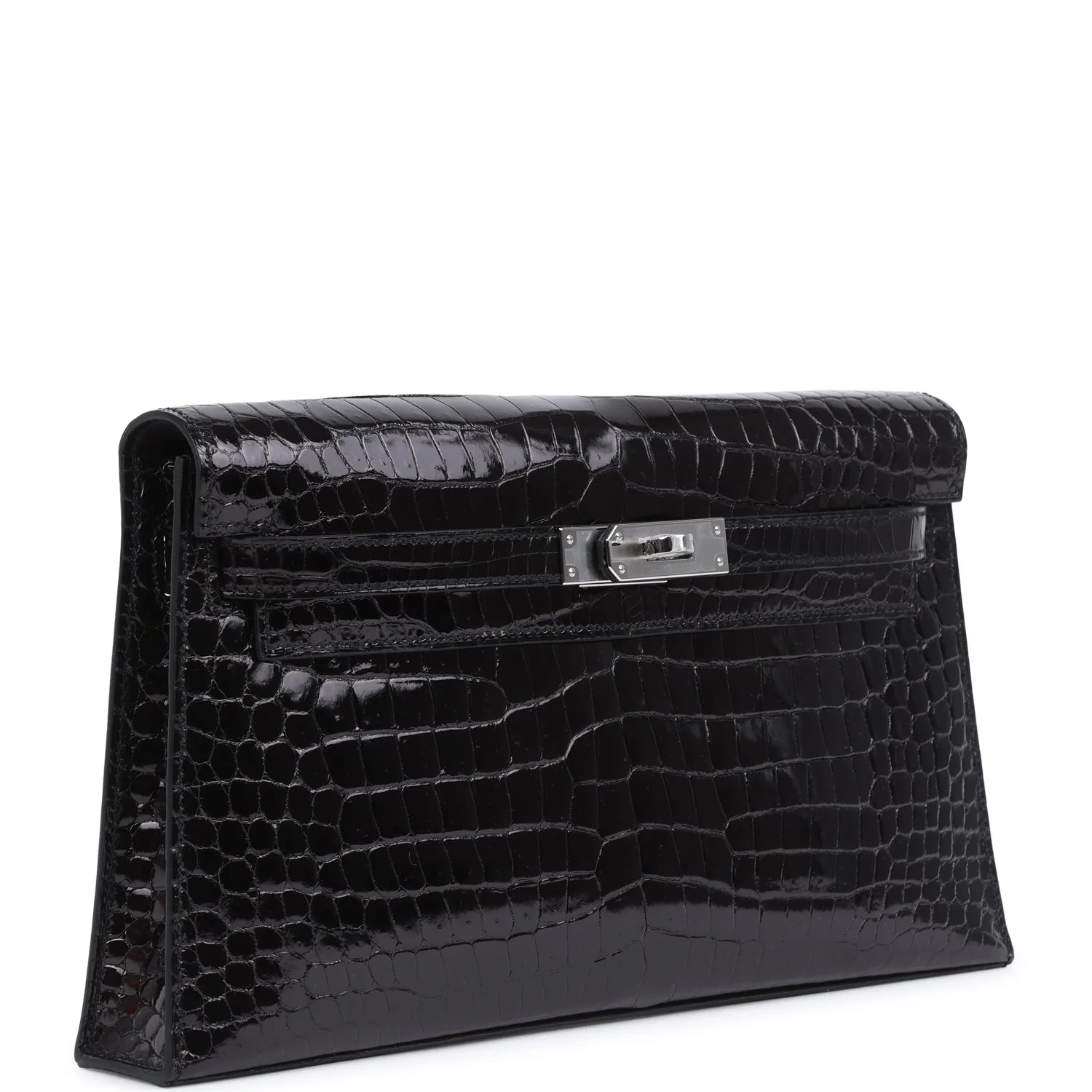 Hermes Kelly Elan Black Shiny Porosus Crocodile Palladium Hardware