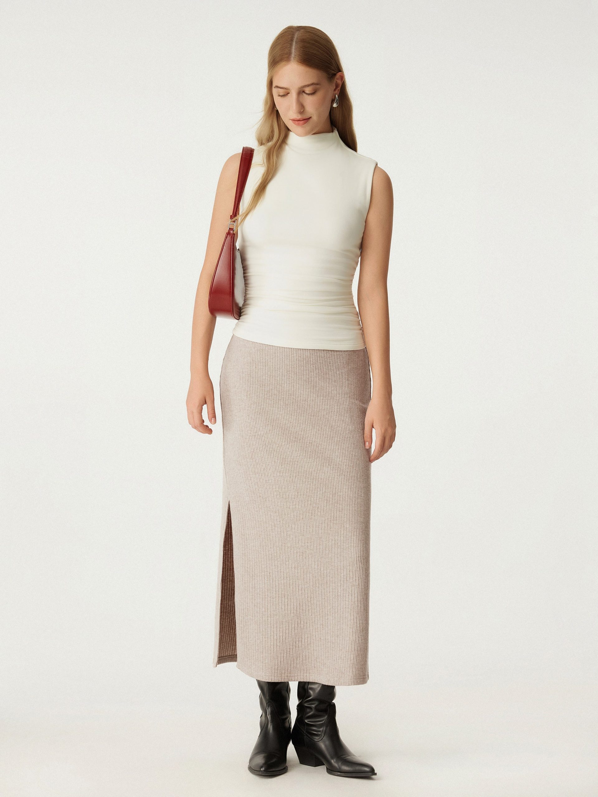 High Waisted Split Hem Midi Skirt