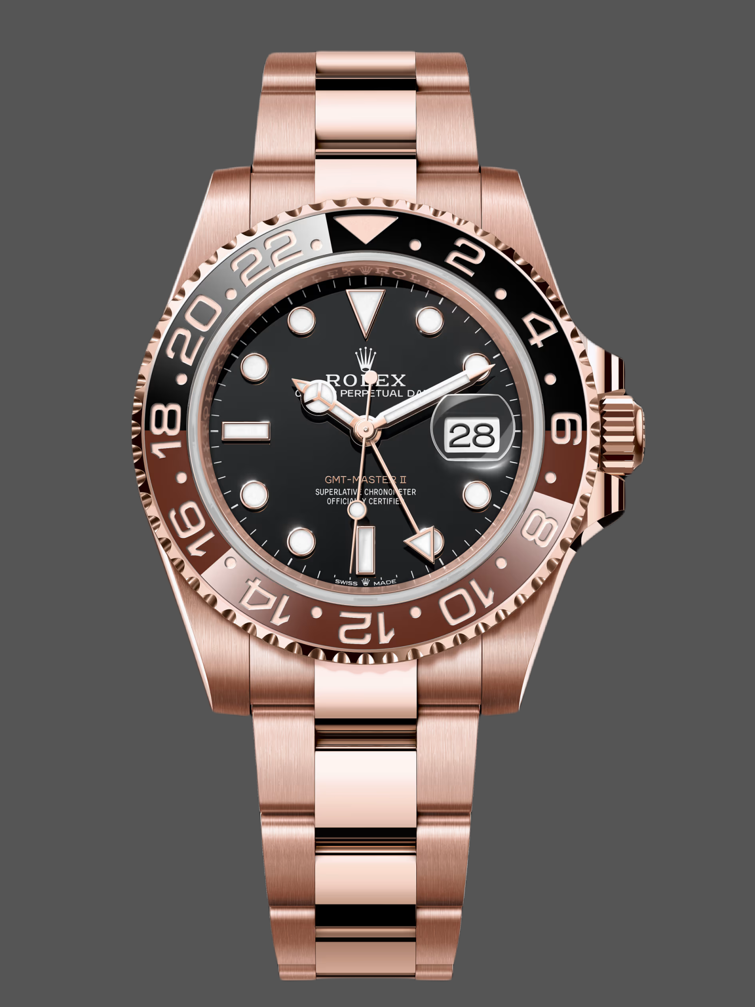 Rolex GMT-Master II 40mm Root Beer Black Dial Oyster Bracelet 18k Rose Gold Watch 126715chnr-0001
