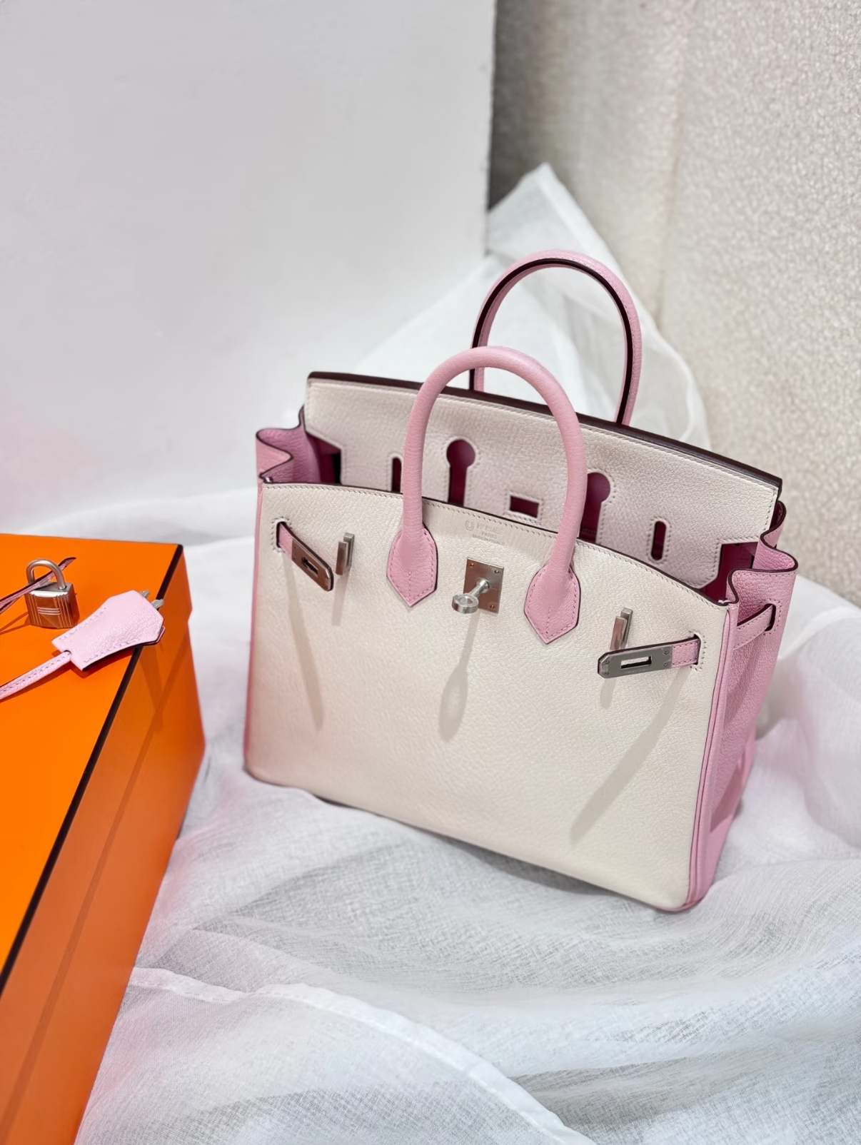Hermès Birkin 25-30 Sakura Pink and Milkshake White Silver Buckle Goatskin