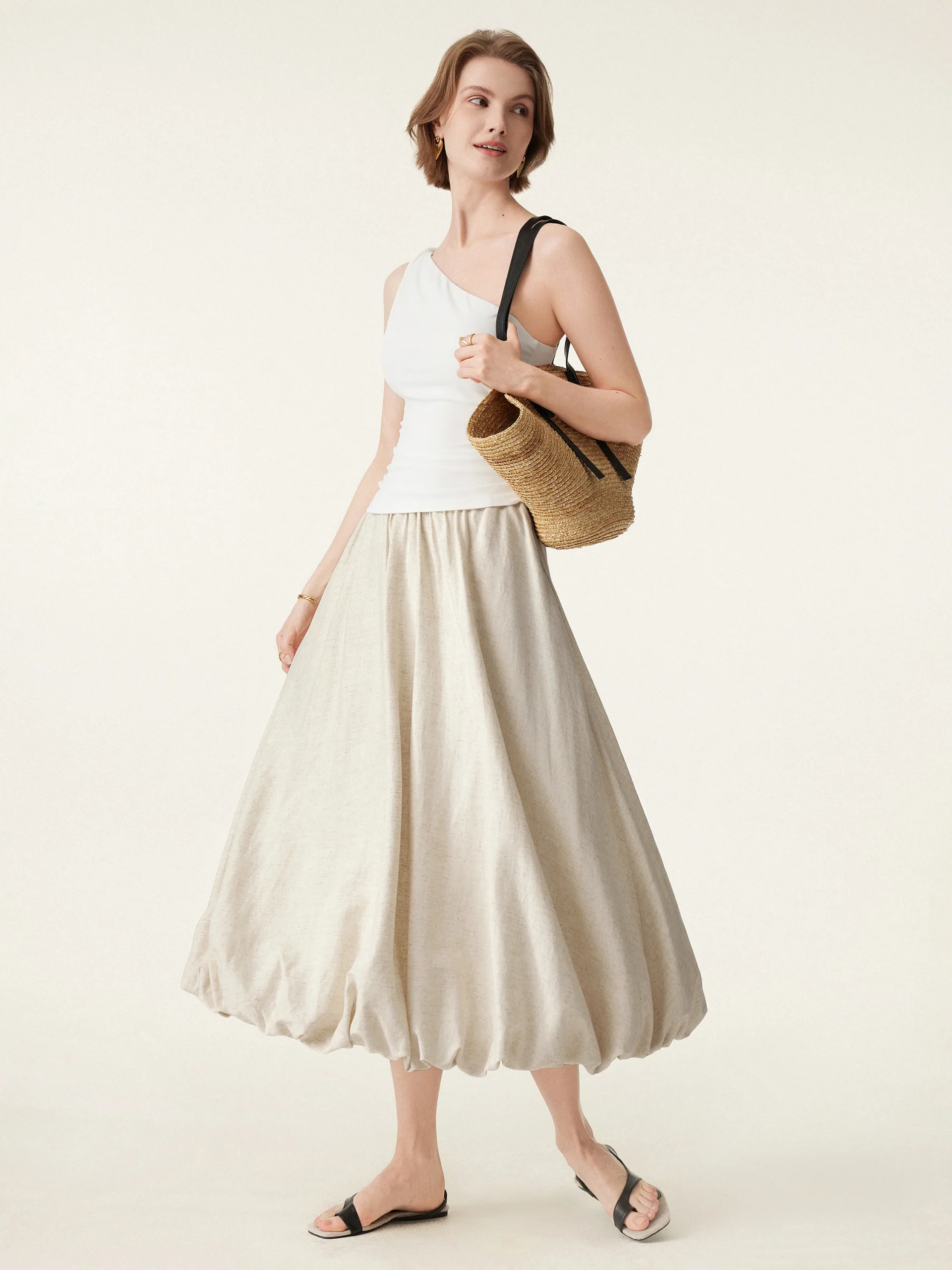 European Linen Bubble Maxi Skirt with Pockets