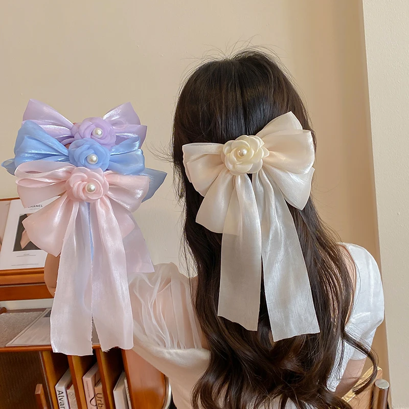 Rose Pearl Bow Hairpin for Women Long Bownot Ribbon Hair Clip Barrettes Ponytail Headband Girls Hairpin Hair Accessories