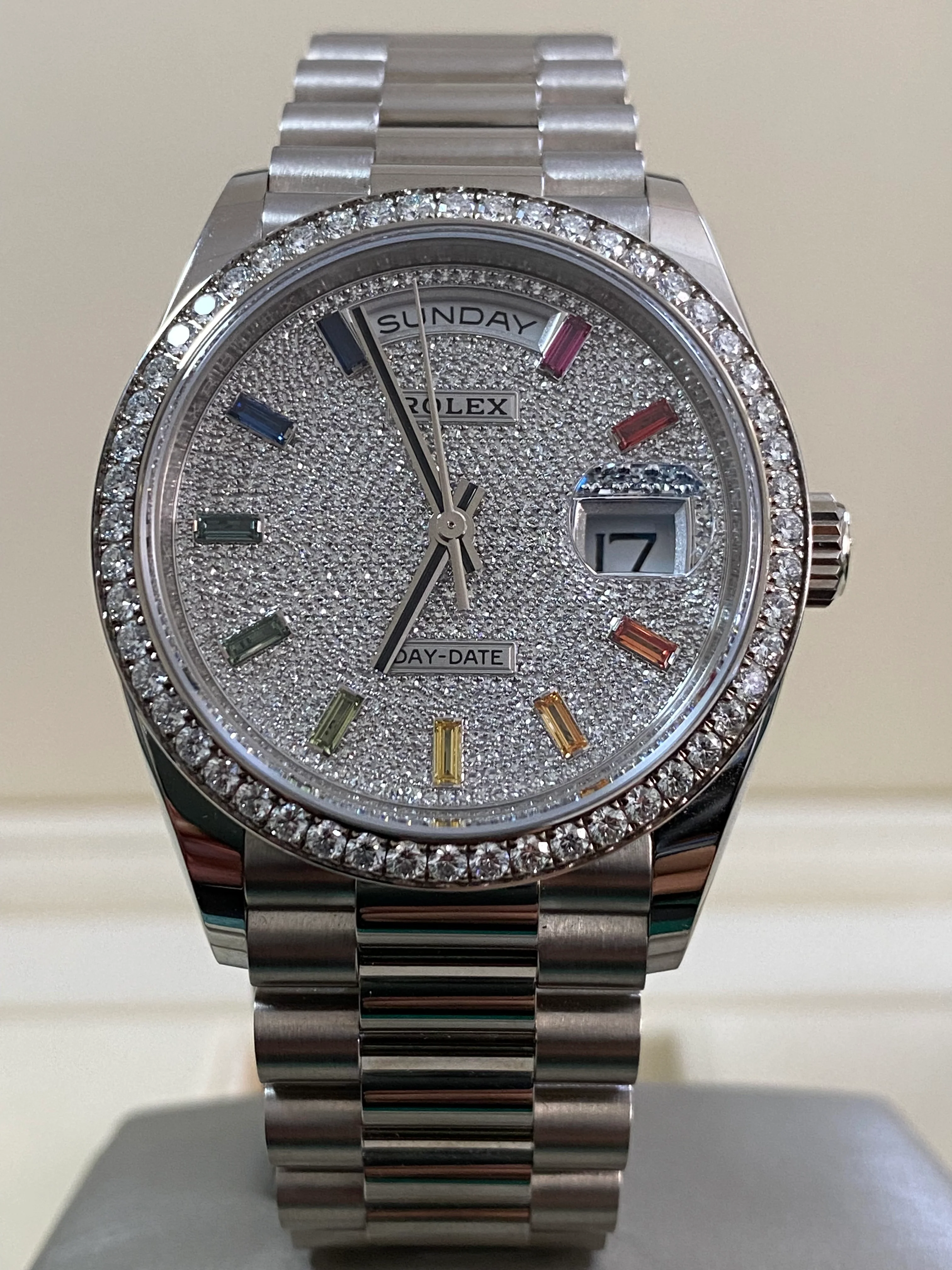 Rolex White Gold Day-Date 36 - 2024 - Diamond Bezel - Diamond Paved Rainbow Sapphire Dial - President Bracelet - 128349RBR *FULL SET*
