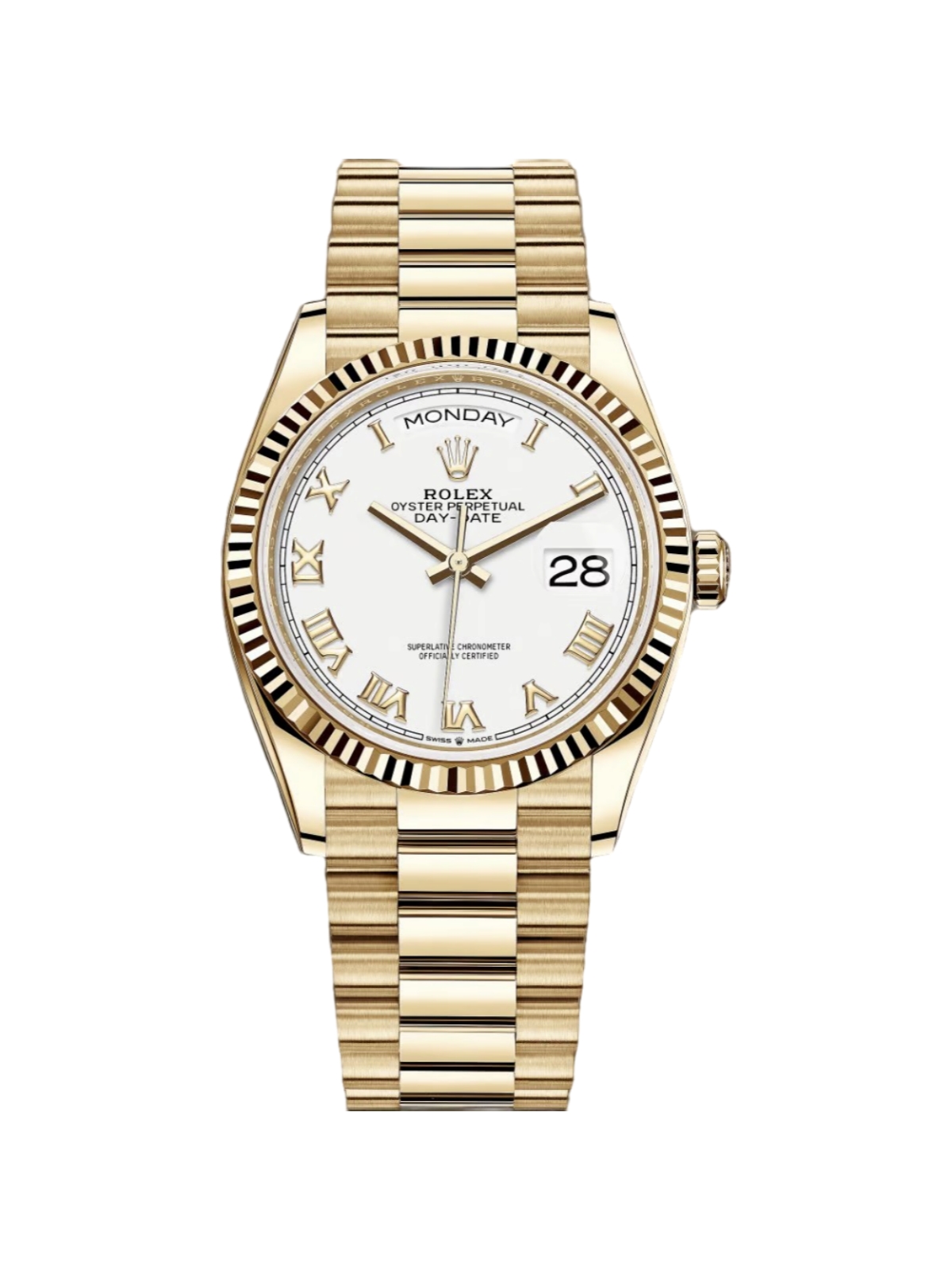 【Super Clone】RLX  Day-Date "President" 36mm Yellow Gold White Roman Dial Women Watch - 128238