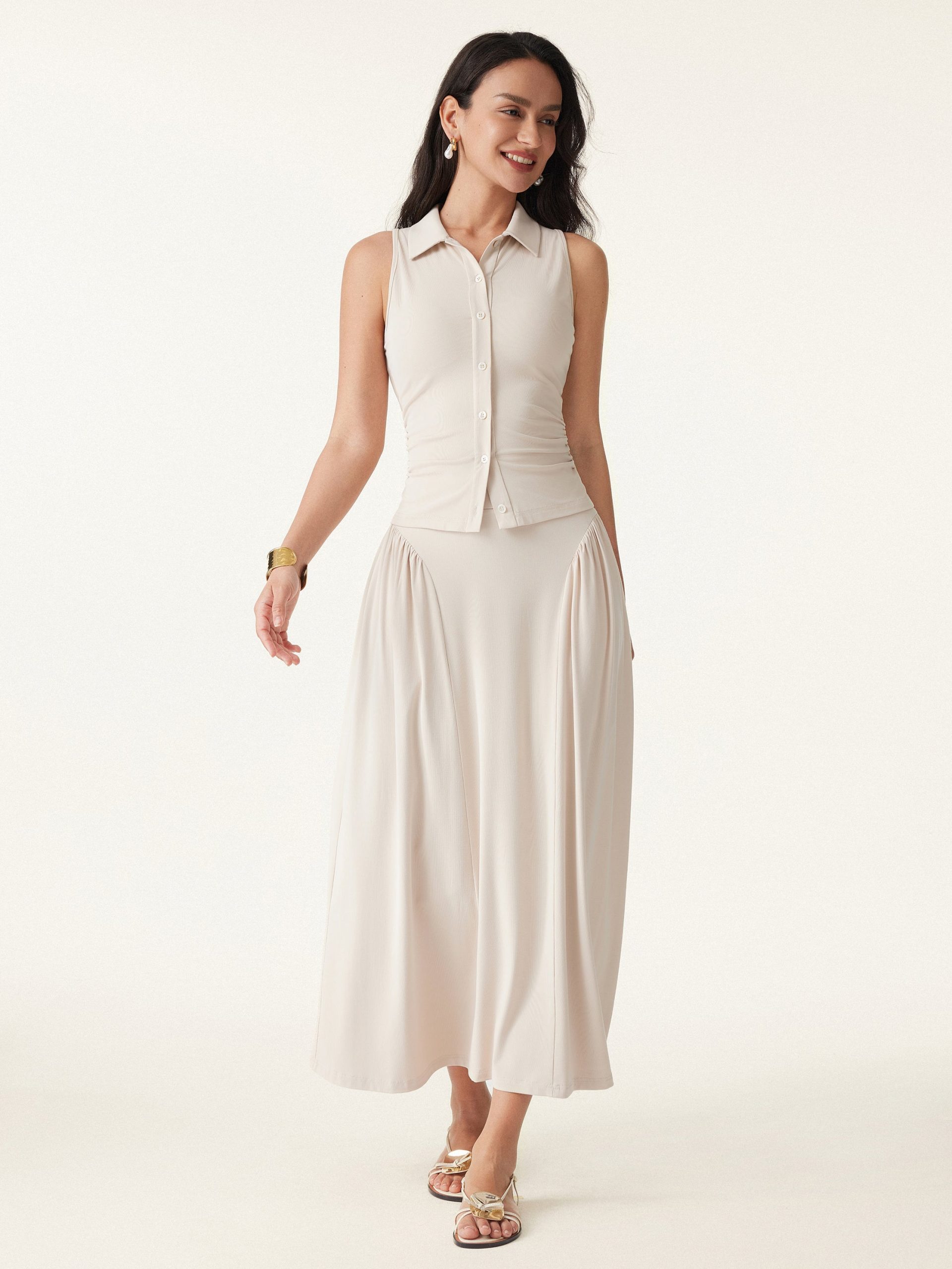 Curved Gathering Flared Midi Skirt with Pockets