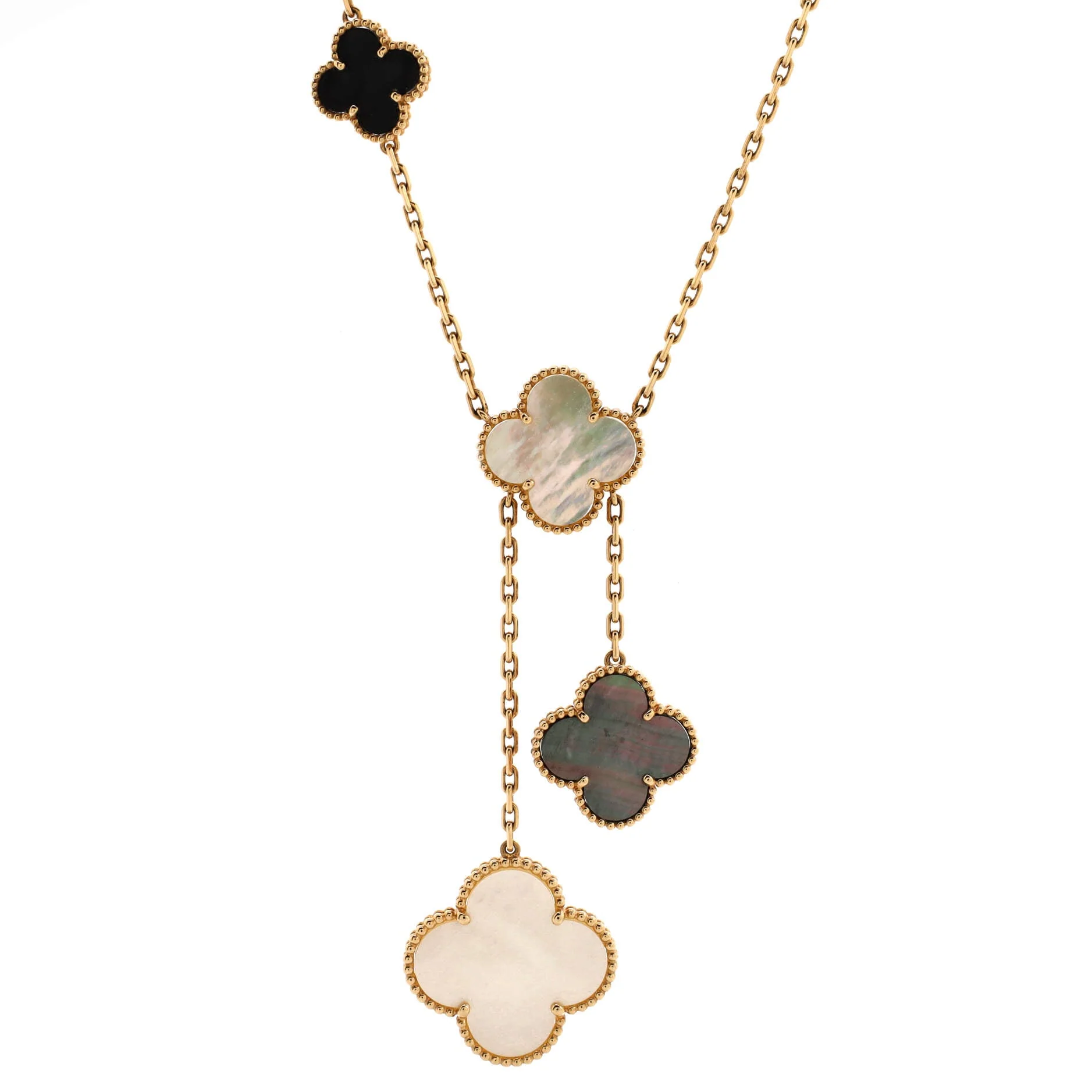 Magic Alhambra 6 Motifs Necklace 18K Yellow Gold and Mother of Pearl with Onyx