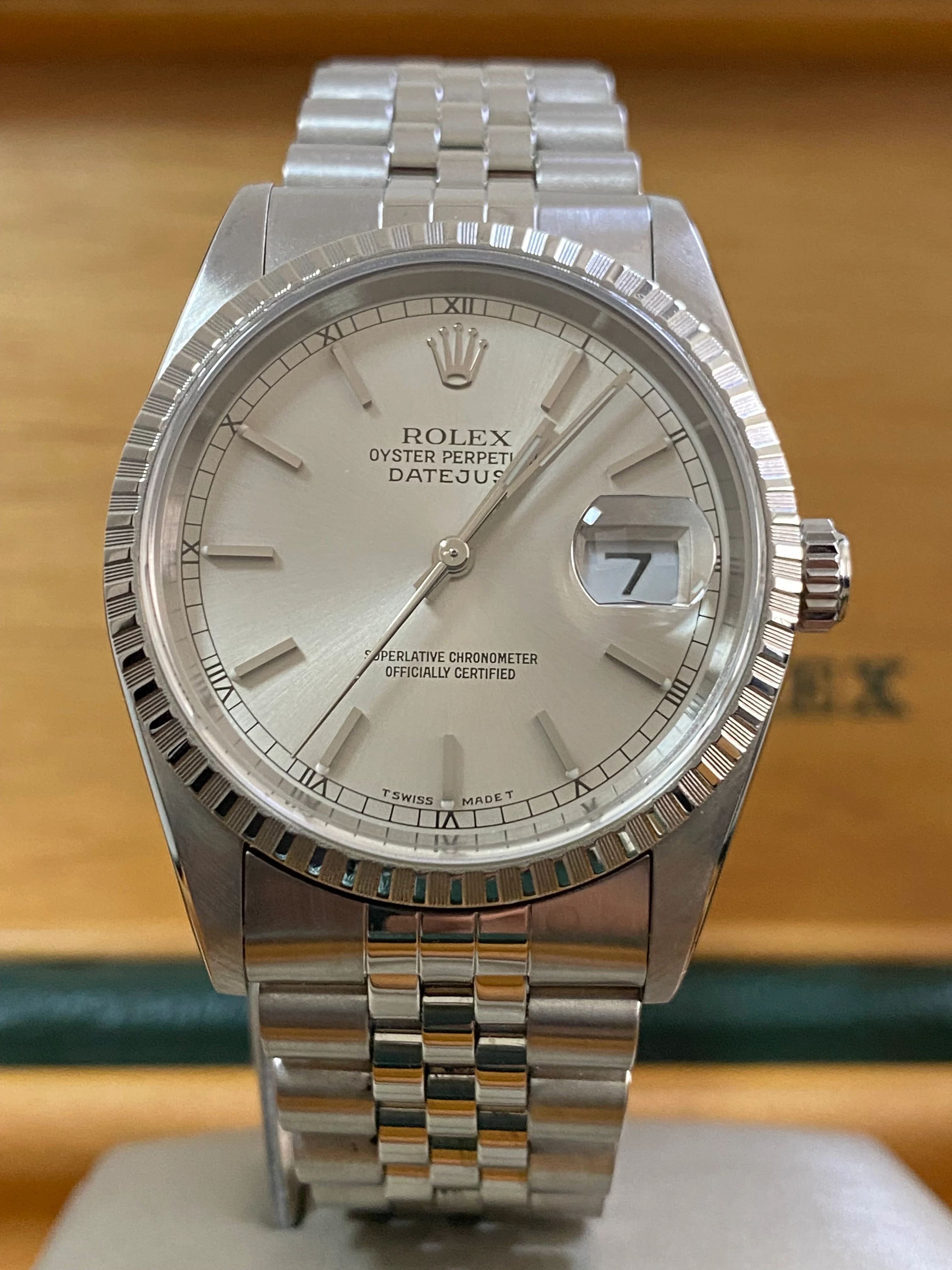 Rolex Steel Datejust 36 - U Serial - Engine Turned Bezel - Silver Index Dial - Jubilee Bracelet - 16220