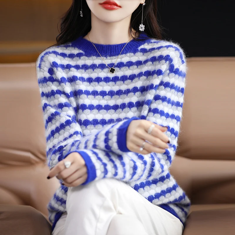 Autumn Winter Women Mink Cashmere Sweater Rainbow O-Neck Loose Pullover Fashion Casual Knit Cashmere Sweater Bottoming