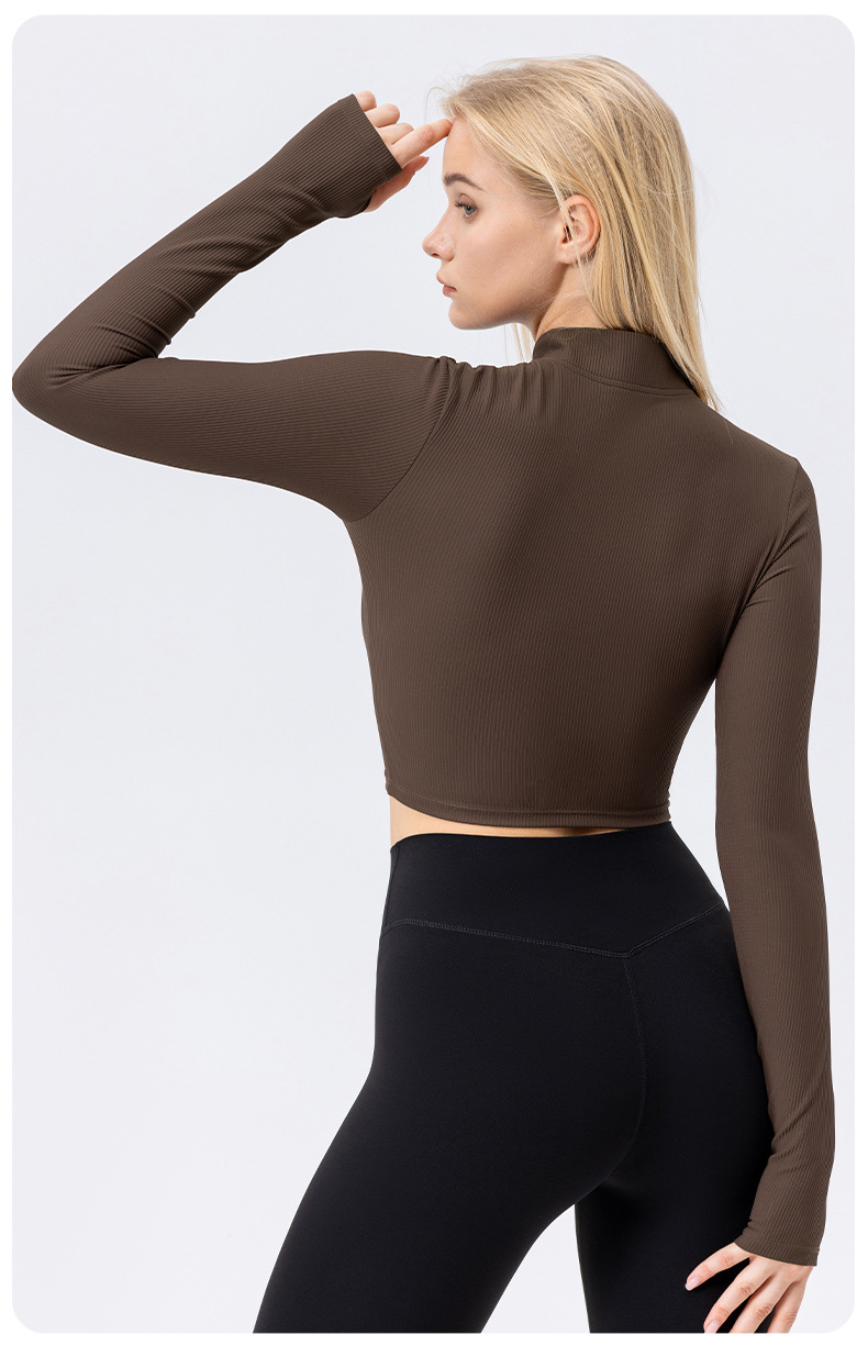 European and American style women's yoga wear, high-waisted, stand-up collar, zipper, long-sleeved, tight-fitting, slimming, high-elasticity sportswear.