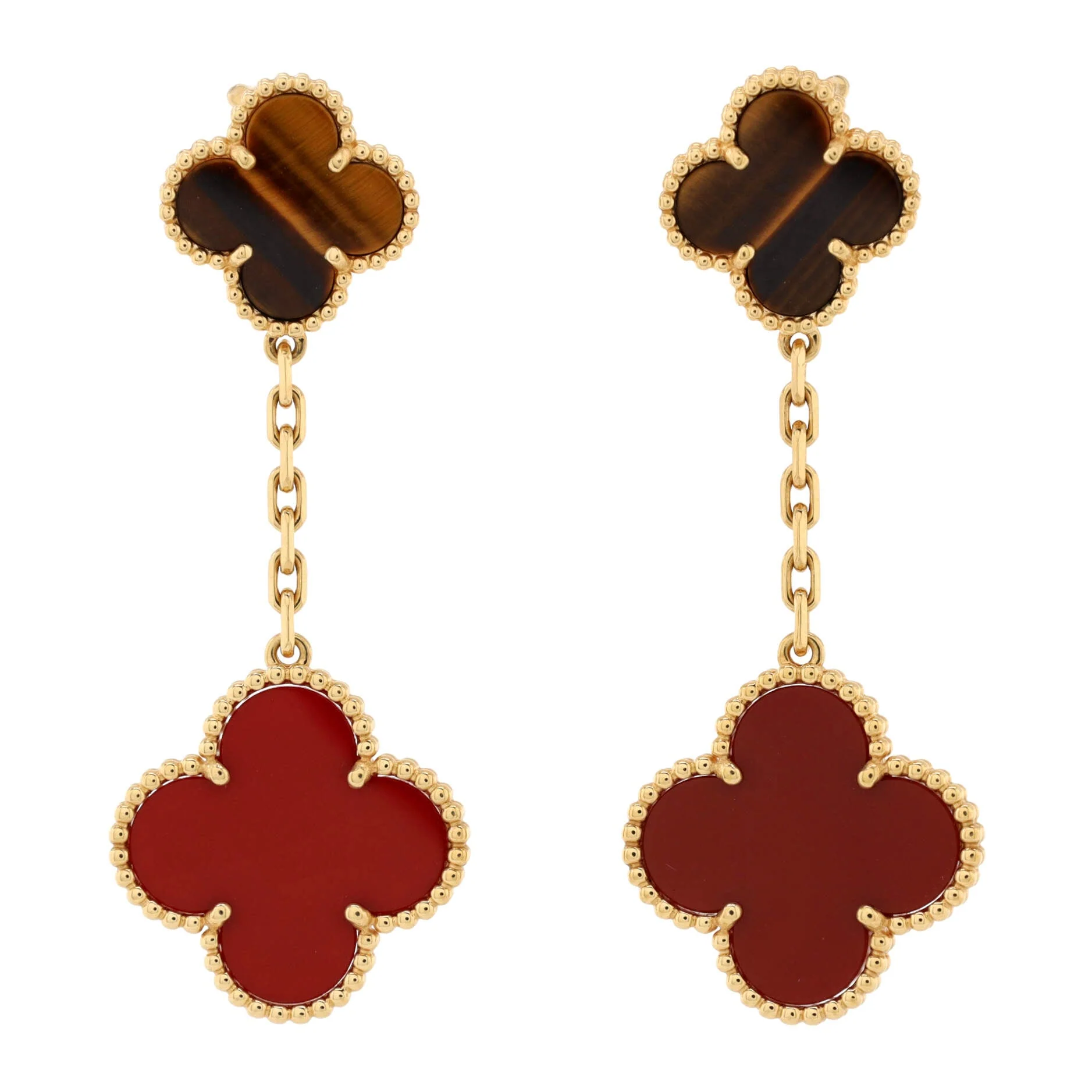 Magic Alhambra 2 Motifs Drop Earrings 18K Yellow Gold with Tiger's Eye and Carnelian