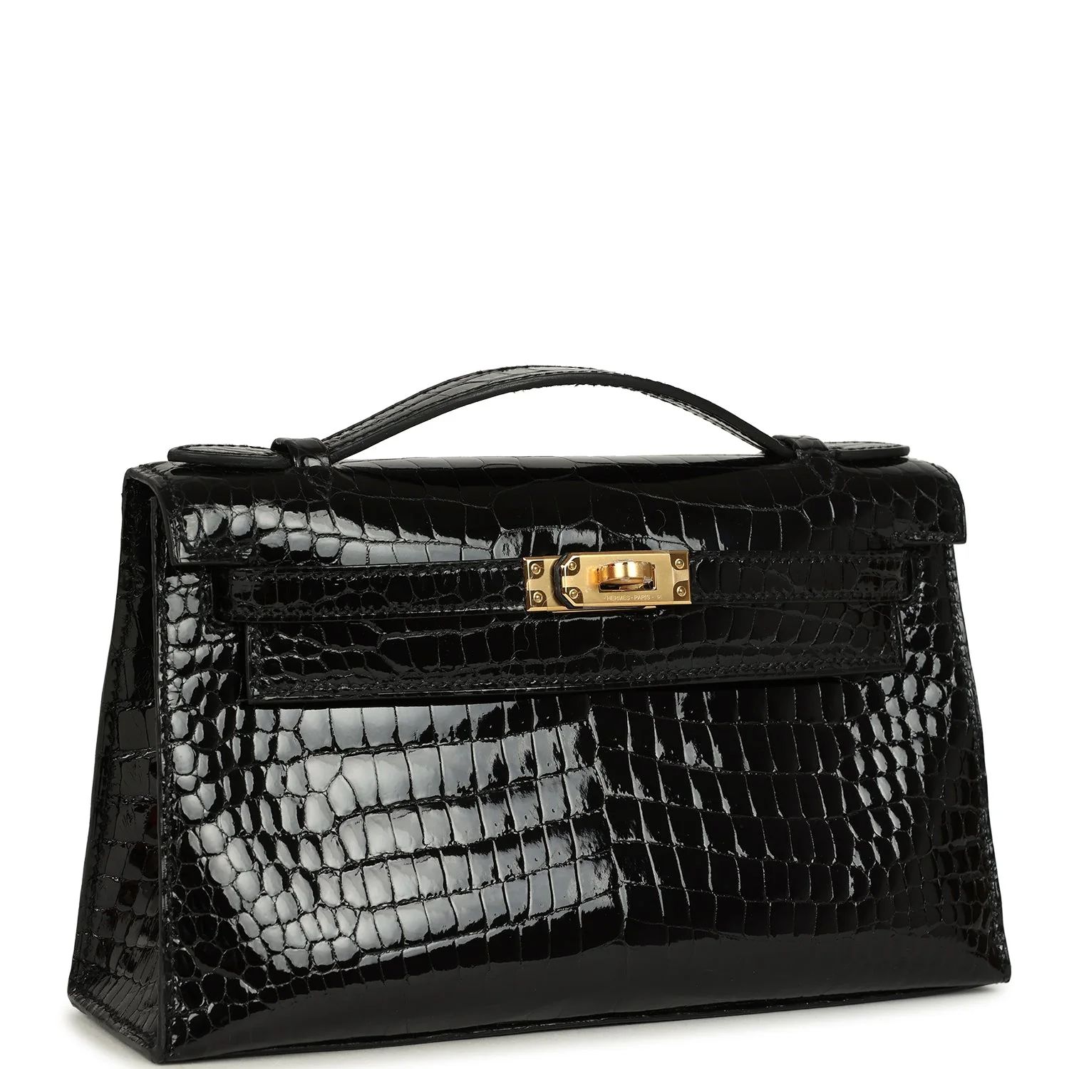 Hermes Kelly Pochette Black Shiny Porosus Crocodile Gold Hardware
