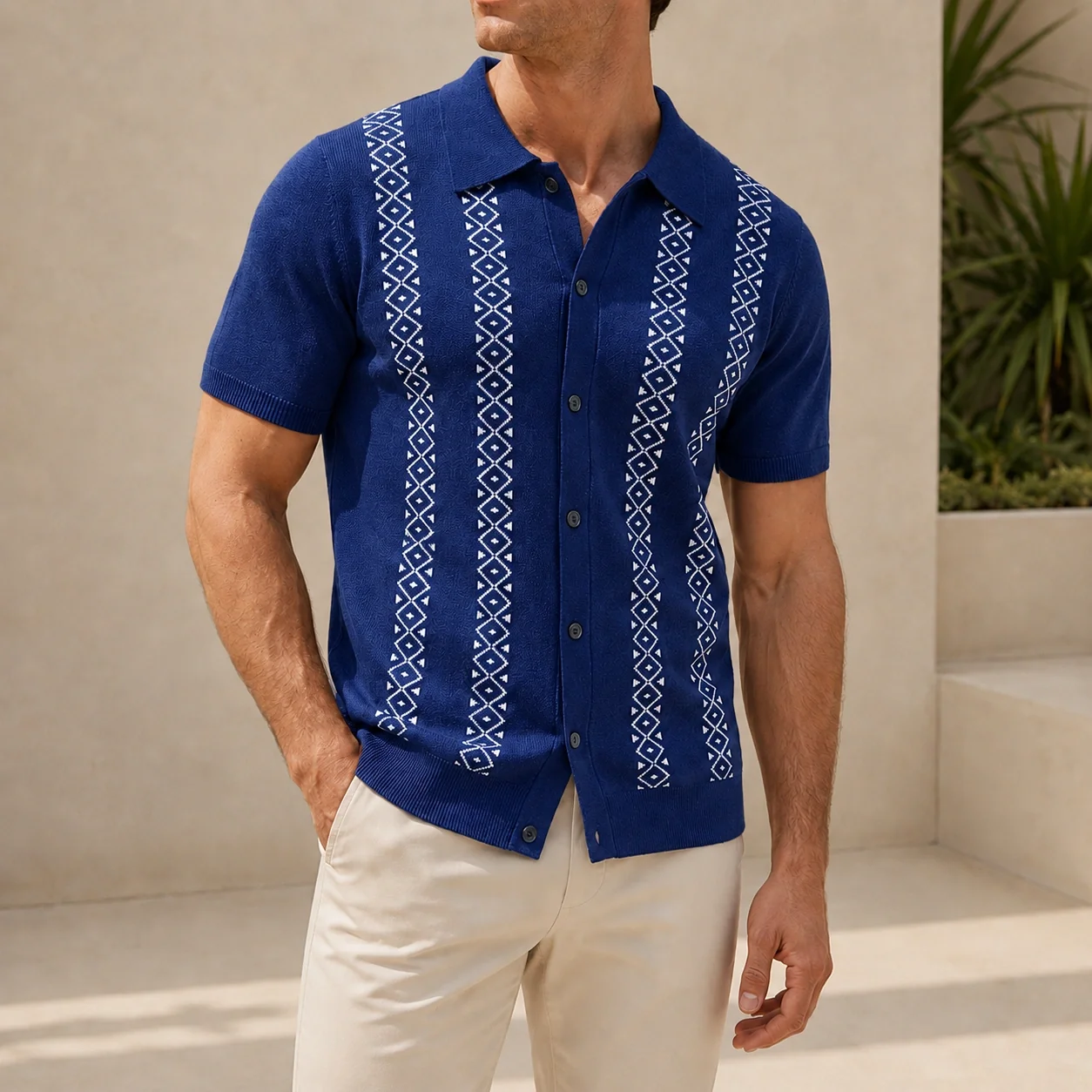 Mivanity Geometric Stripe Jacquard Short-Sleeve Knit Polo Shirts